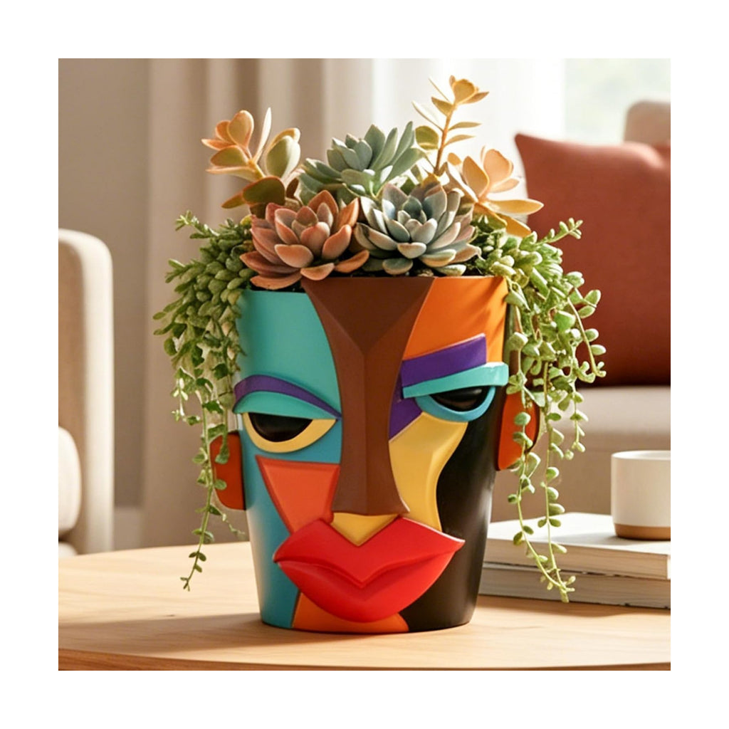 Abstract Face Planter Pot, Modern Face Planter for Indoor Plants, Colorful Cubist-Inspired Resin Plant Pot for