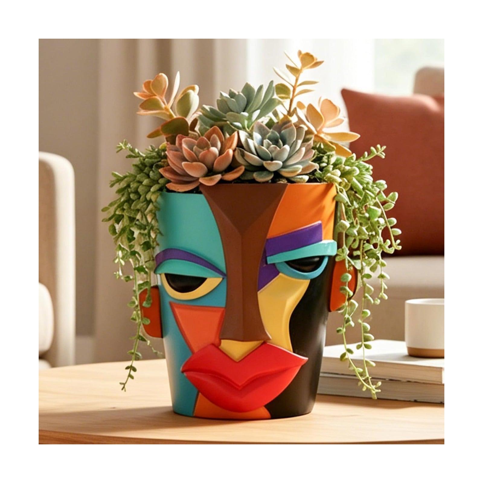 Abstract Face Planter Pot, Modern Face Planter for Indoor Plants, Colorful Cubist-Inspired Resin Plant Pot for