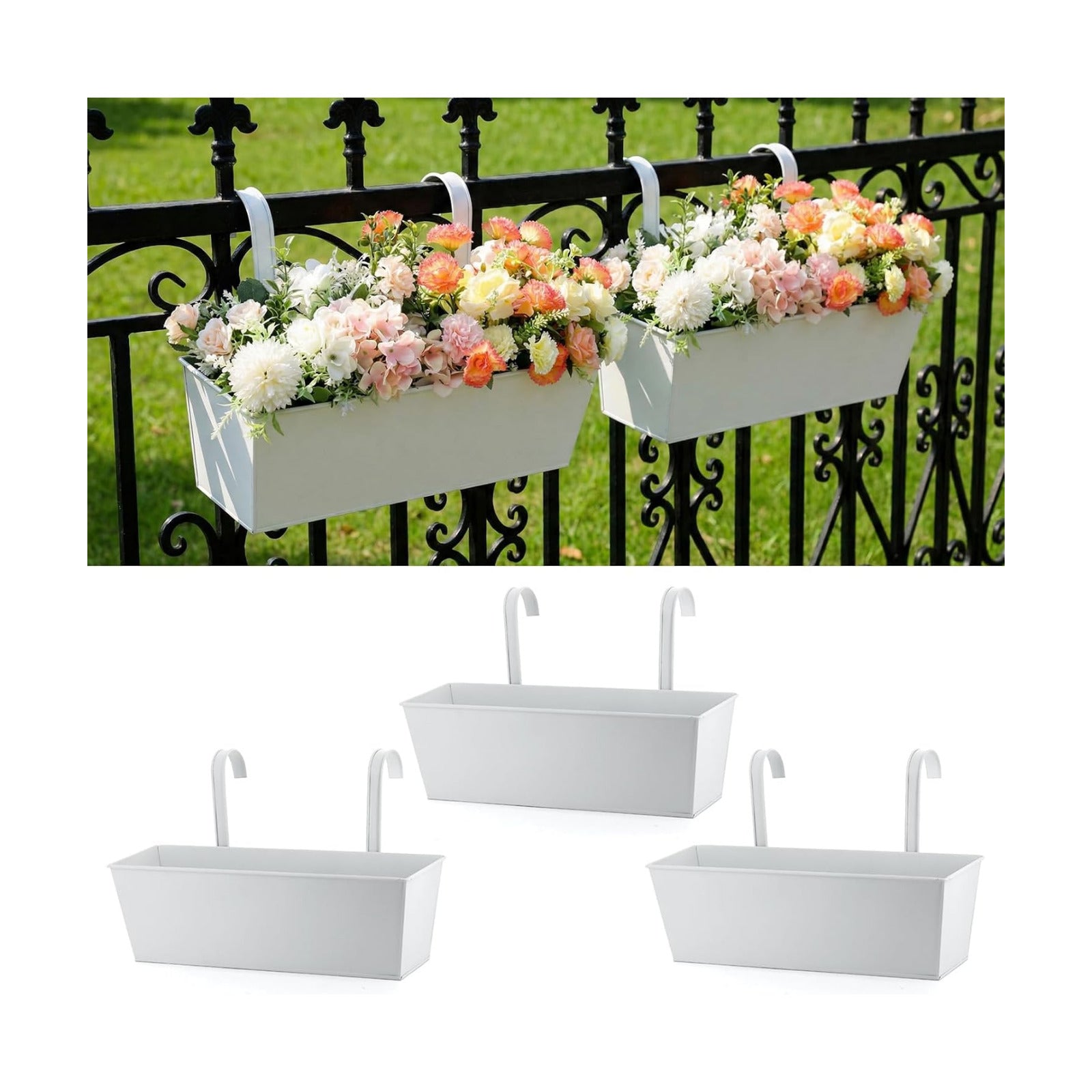 3 Pack Metal Railing Planters, 16 Inch Large Rectangular Hanging Flower Pots with Detachable Hooks & Drainage Holes