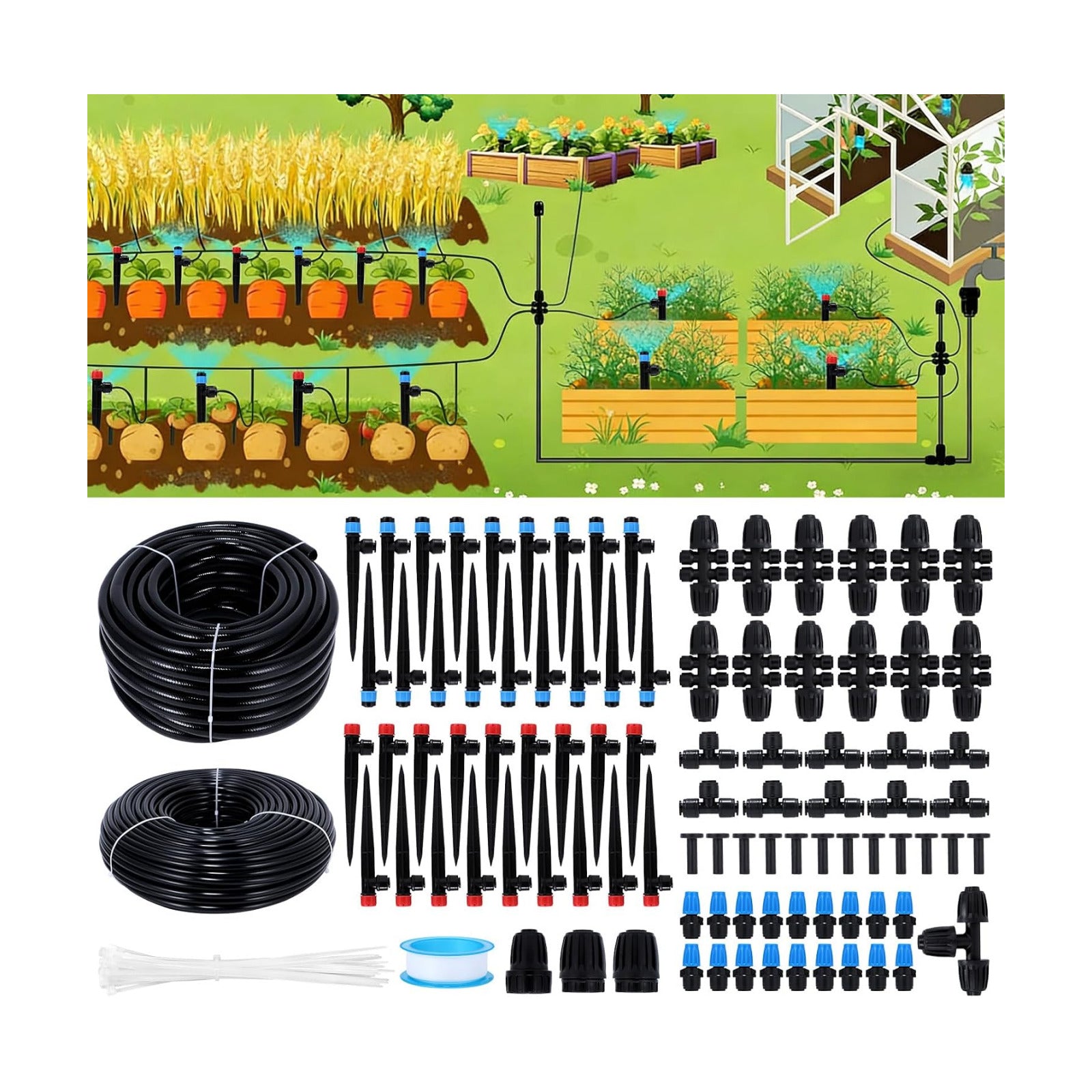 300FT Drip Irrigation System Kit, Automatic Garden Watering Misting System with 70FT1/2 inch Hose 230FT 1/4 inch