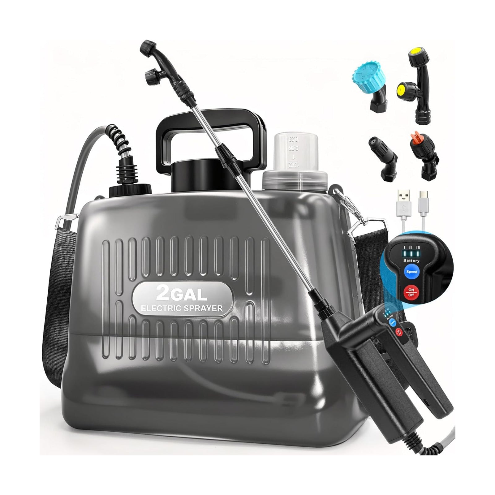 Battery Powered Sprayer 2 Gallon, Electric Weed Sprayer with 3 Adjustable Pressure Levels, 4 Nozzles & Extendable Wand