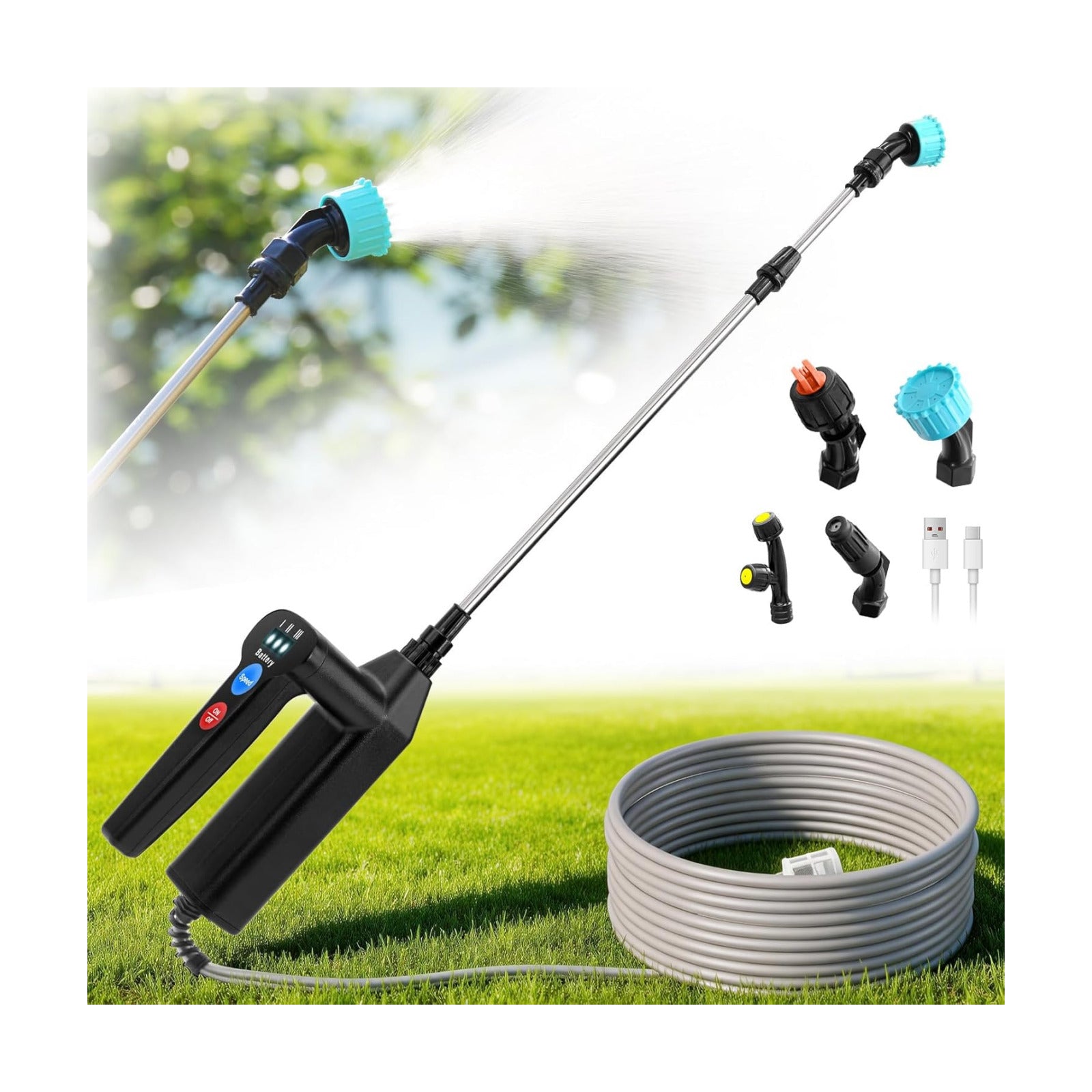 Battery Powered Sprayer Wand with 32.8FT Extended Hose, Electric Garden Sprayer with 3 Speeds & Battery Indicator, 4