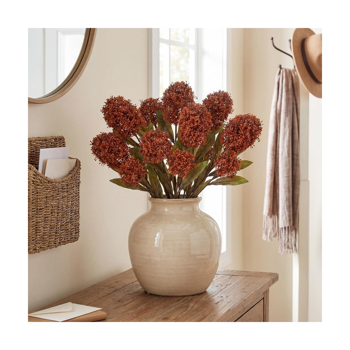 Briful 3PCS Faux Fall Flowers 22.8in Burnt Orange Skimmia Spray Artificial Flower Branches Fake Fall Skimmia Stems for Autumn Home Vase Floral Arrangement Wedding Party Decor