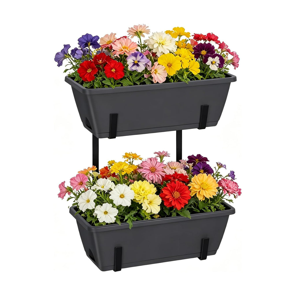 Railing Planter Box 2 Pack Rectangular Window Boxes Planters with Double Adjustable Brackets, Balcony Deck Railing