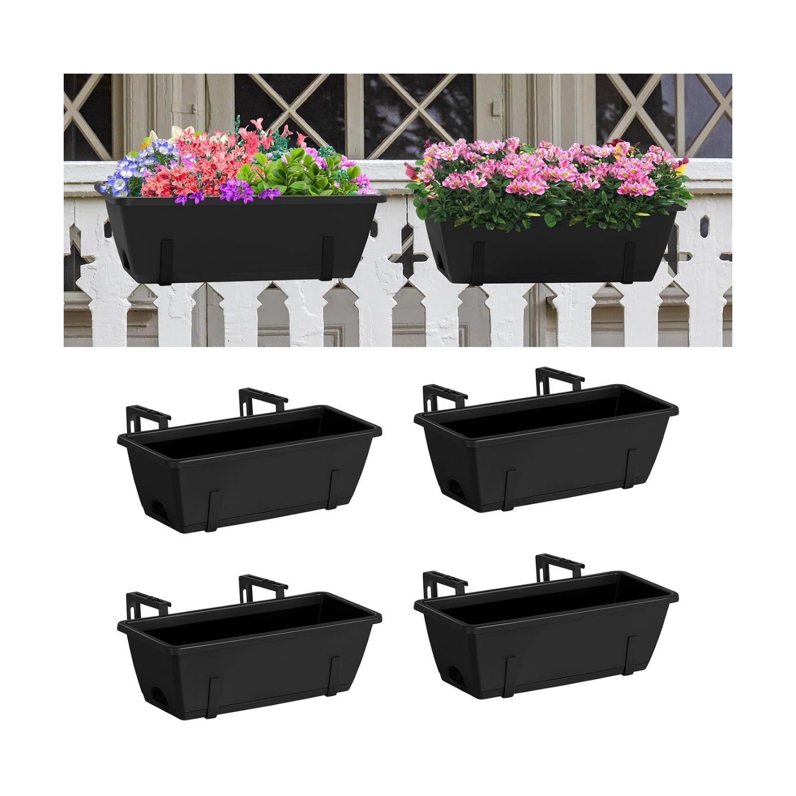 CADUKE Railing Planter Box 4 Pack Window Boxes Planter with Adjustable Brackets 16.9 Inches Deck Railing Hanging Flower