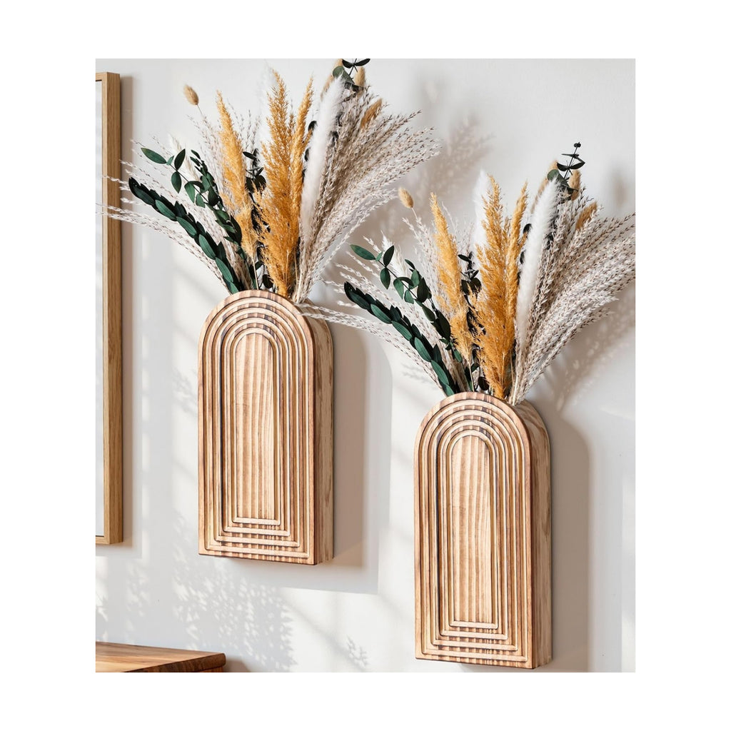 DREAMLOOM 2 Pack Wooden Wall Vases with Dried Pampas Grass and Eucalyptus Plants, Wall Hanging Planters Boho Modern