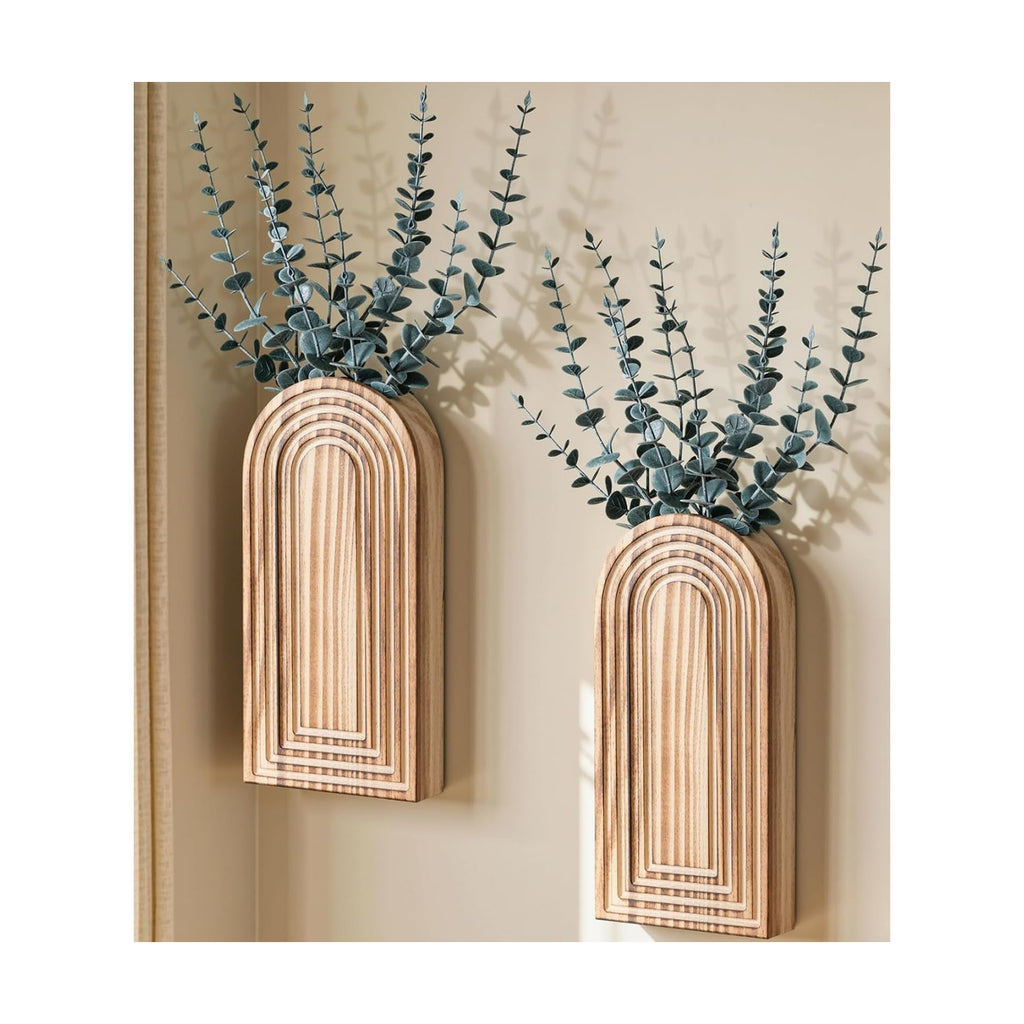 DREAMLOOM 2 Pack Wooden Wall Vases with Eucalyptus Artificial Plants, Wall Hanging Planters Boho Modern Farmhouse