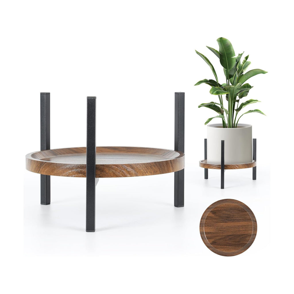 Plant Stand Indoor Adjustable with Walnut Wood Tray, Metal Modern Indoor Plant Stand, Heavy Duty Plant Stands Outdoor Corner, Stable Plant Holder, Fits 8 to 12 Inches Pots, Black, 1 Pack