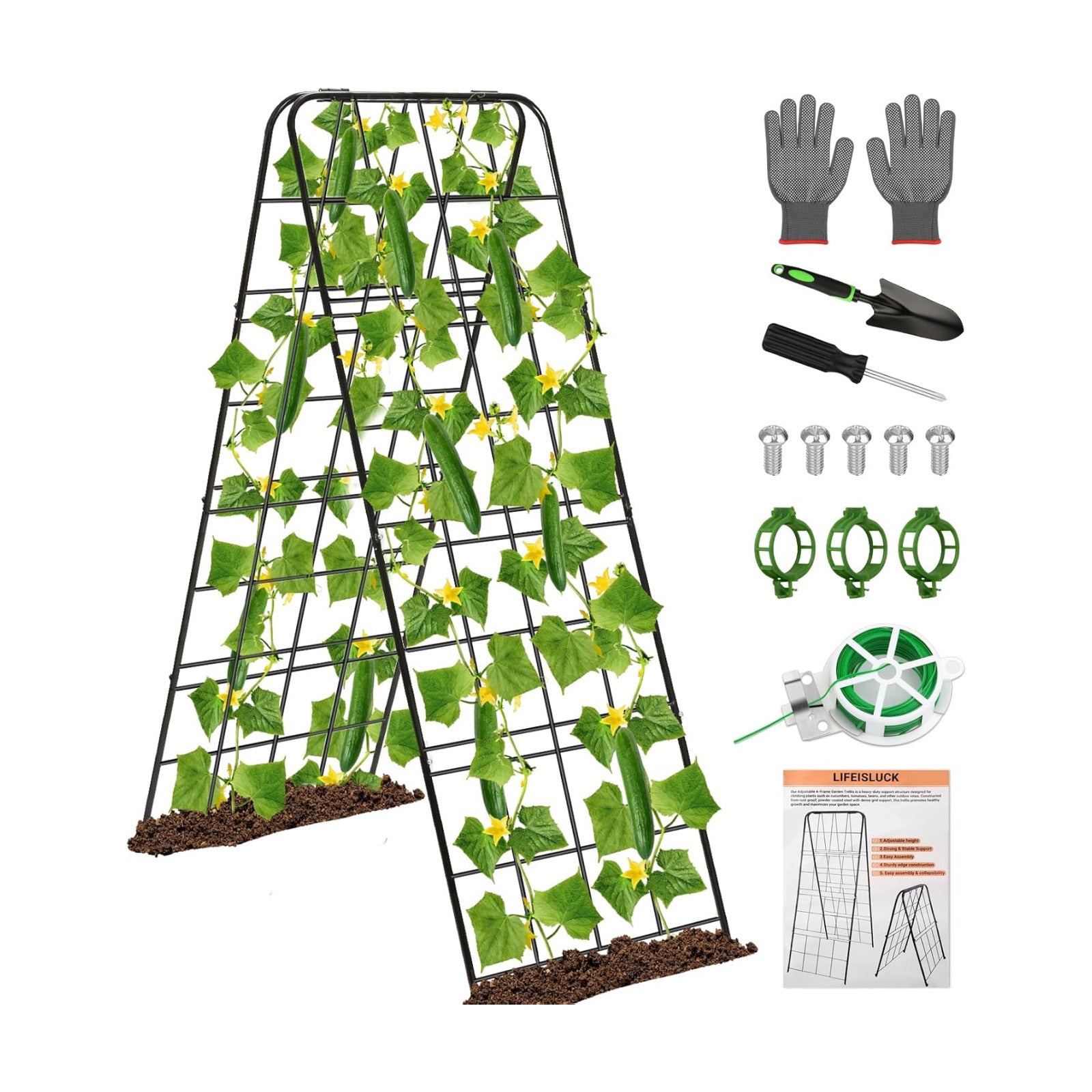 Cucumber Trellis 43.3’’x15.7’’ with Twist Tie and Clips, A-Frame Garden Trellis for Climbing Plants Heavy Duty Metal