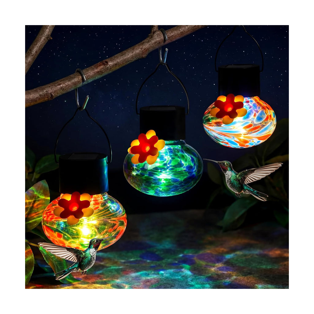 Nuogo 3 Pcs Blown Glass Hummingbird Feeder Gift Solar LED, Color B, Classic