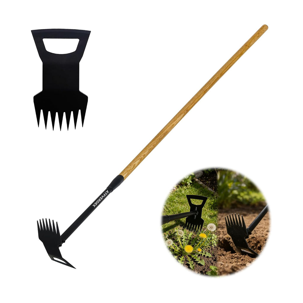 60" Wood Handle Weed Puller Tool, 7-Tine Garden Hoe, Secure Fit, No Bending | Weed Remover Tool & Weed Hoe for Yard