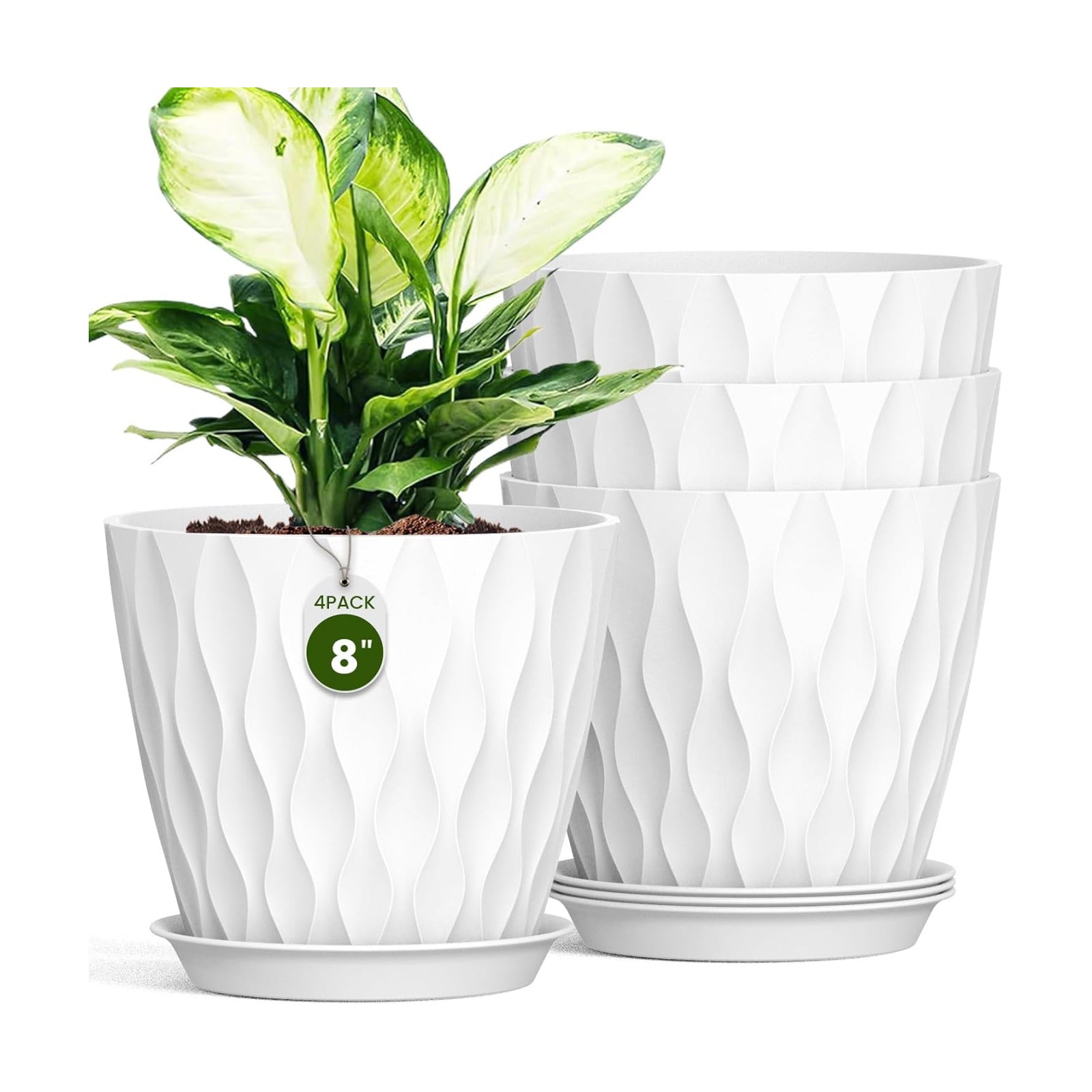 8 Inch Plant Pots 4 Pack Plastic Planters with Drainage & Saucers | 8 inch 4 pack plastic plant pots with 3D water