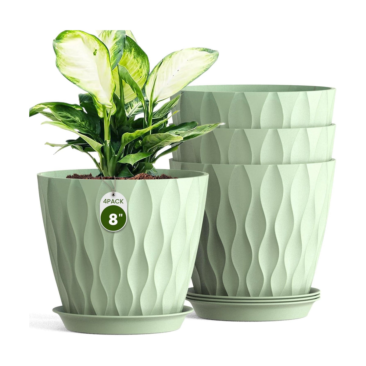 8 Inch Plant Pots 4 Pack Plastic Planters with Drainage & Saucers