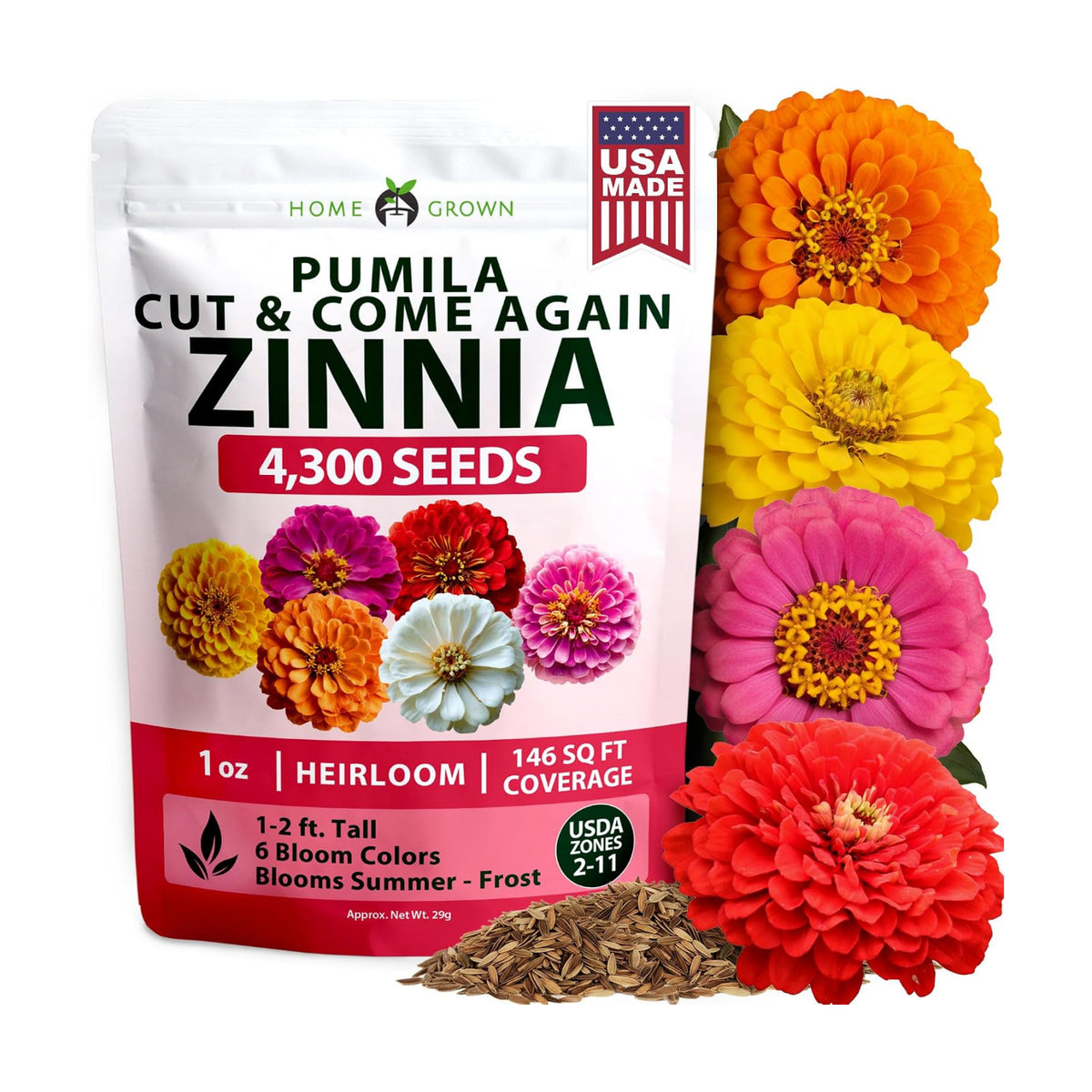HOME GROWN Zinnia Seeds, Pumila Mix, 4,300 Seeds, Zinnia elegans