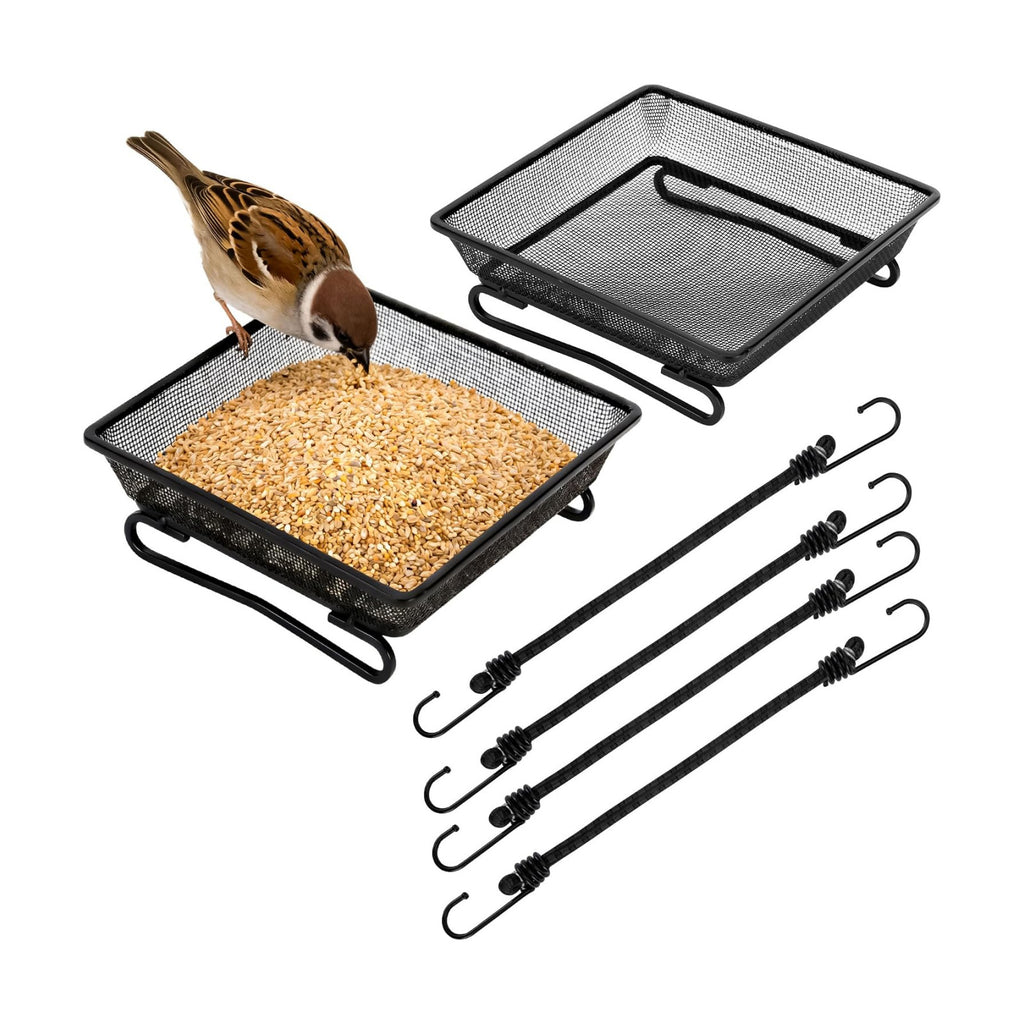 Set of 2 Metal Platform Bird Feeder Tray with 4 Fixed Elastic Rope for Outdoor,7 inch Deck Railing Bird Feeder Tray for Balcony, Backyard,Rust Resistant Design for Wild Birds or Squirrels, Square