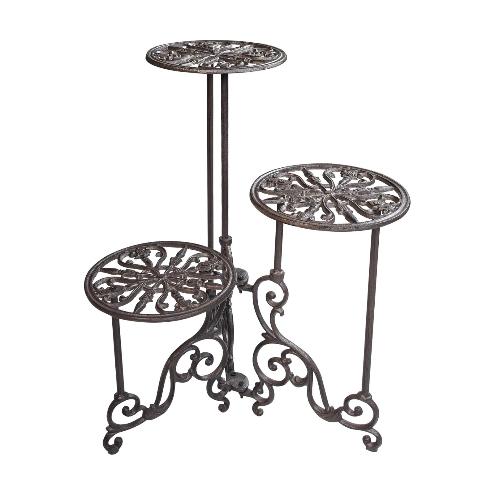 Cast Iron Plant Stand 3 Tier, 24in Tall Foldable Vintage Ornate Flower Pot Holder, Heavy Duty Tiered Plant Shelf Indoor