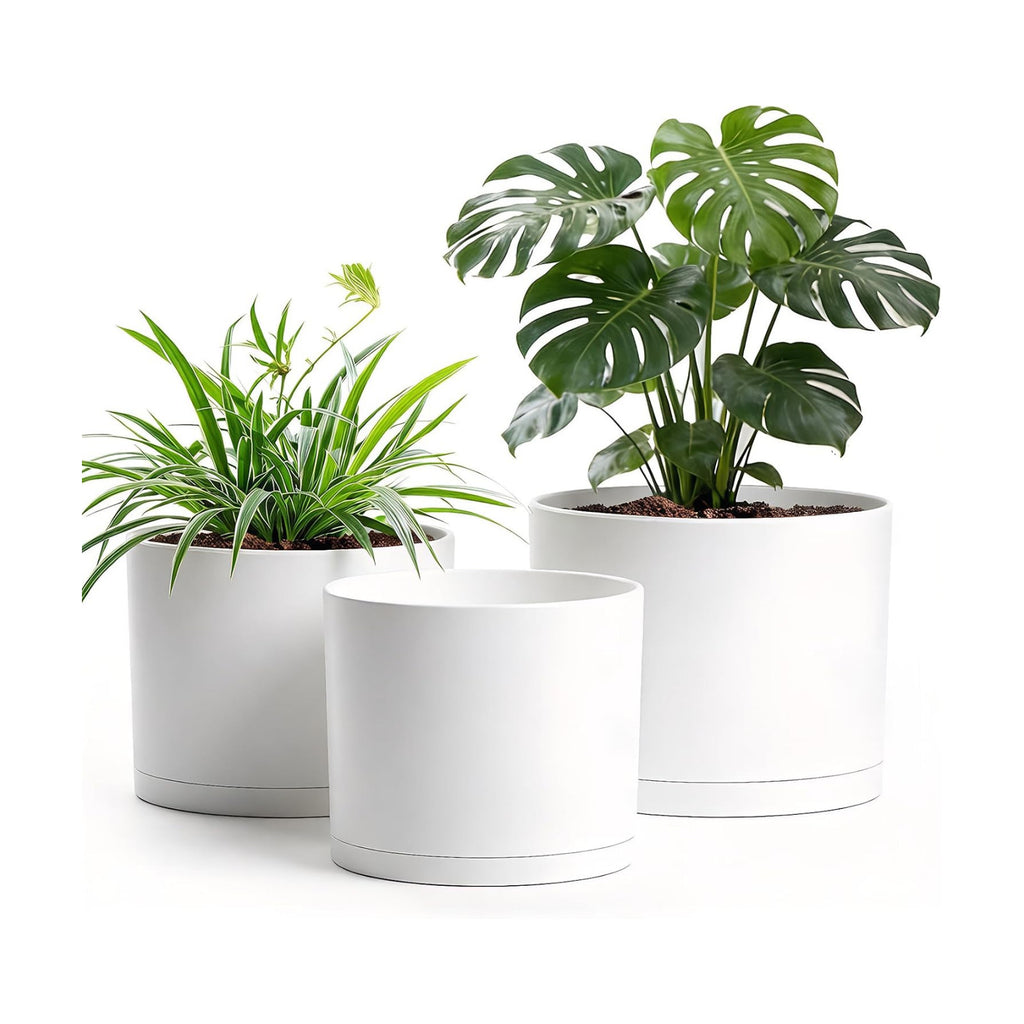 10/9/8 Inch Plant Pots 3 Pack, with Drainage Hole & Saucers | Cylindrical plastic planters with drainage holes &