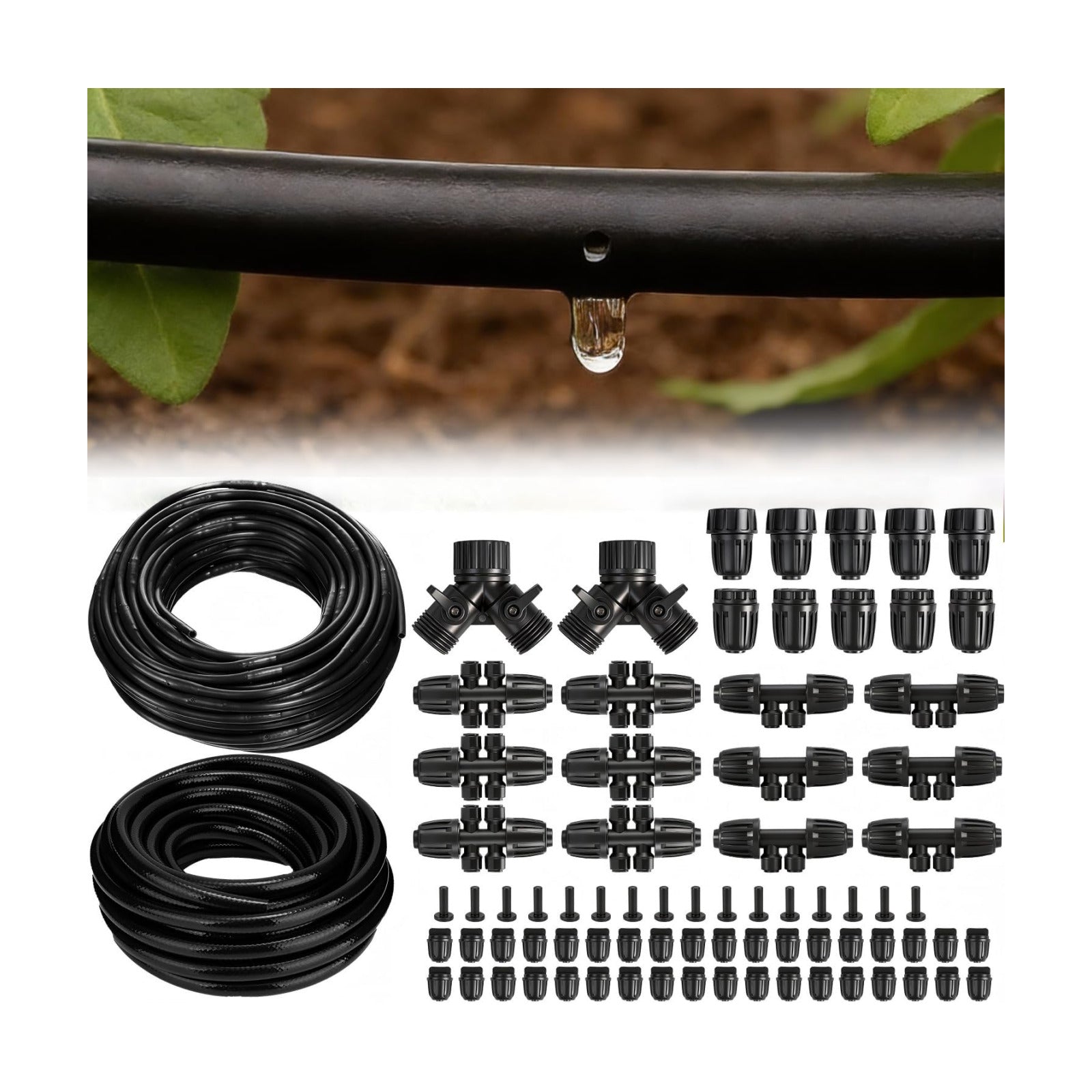 250FT Drip Irrigation Tubing Kit with 1/2 Irrigation tubing, 1/4 inch Dripline, and Irrigation Parts for Garden, Raised