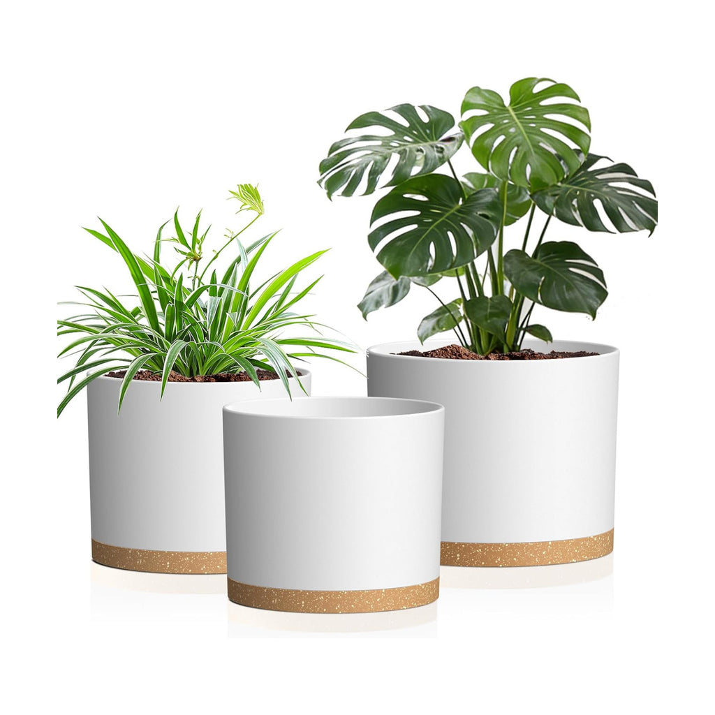 10/9/8 Inch Plant Pots 3 Pack, with Drainage Hole & Saucers | Cylindrical plastic planters with drainage holes &