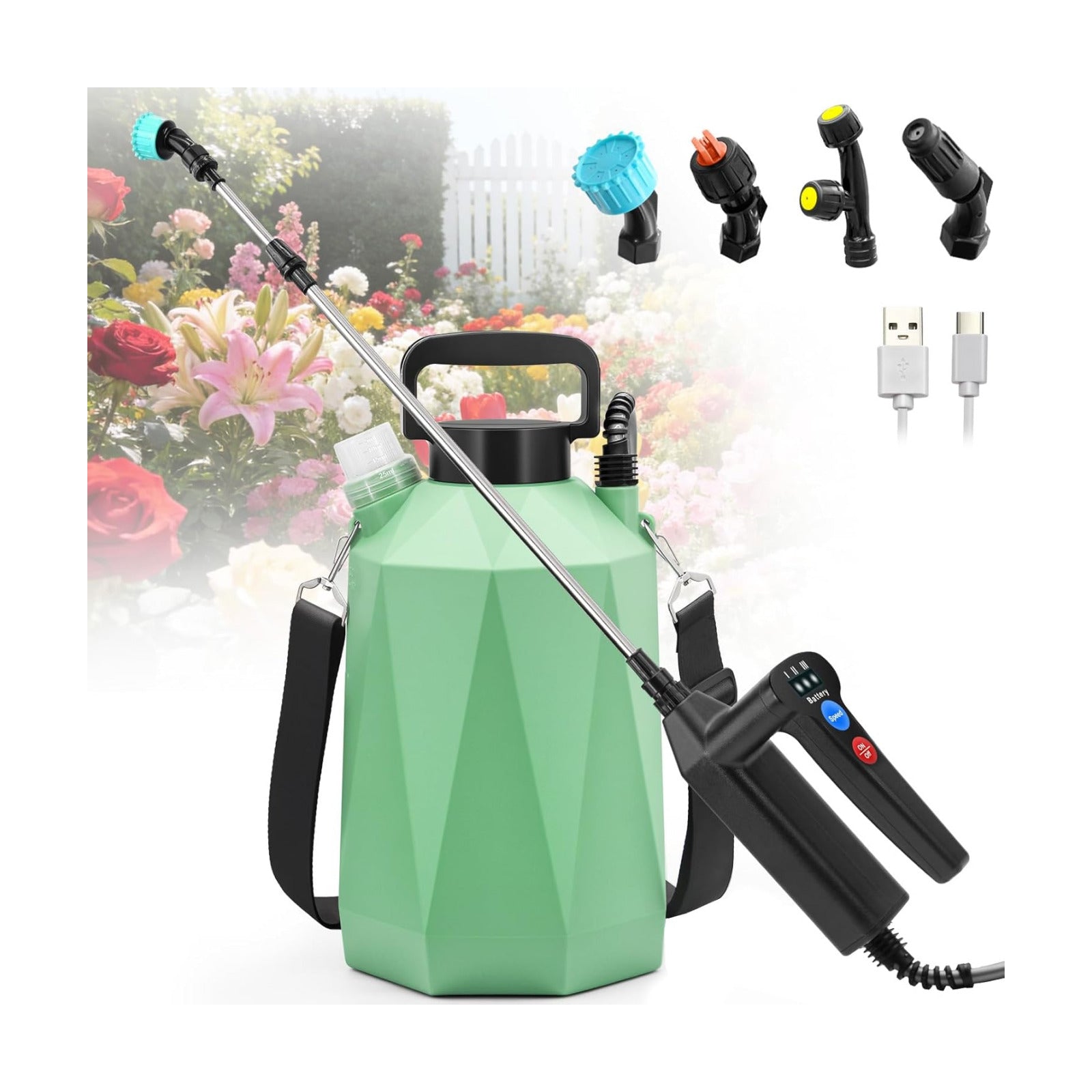 1.35 Gallon Battery Powered Sprayer, Electric Garden Sprayer with 3 Adjustable Pressures, Battery Indicator, Telescopic
