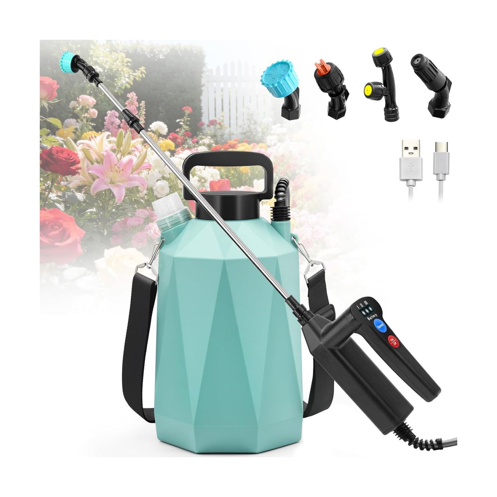 1.35 Gallon Battery Powered Sprayer, Electric Garden Sprayer with 3 Adjustable Pressures, Battery Indicator, Telescopic