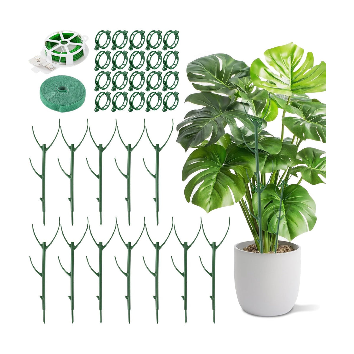 12pcs Plant Support Stakes, Monstera Plant Support Stakes for Indoor Plants with 20 Meter Binding Wire, 2 Meter Velcro Roll and 50 pcs plant clips, Perfect for Supporting Monstera and Climbing Plants