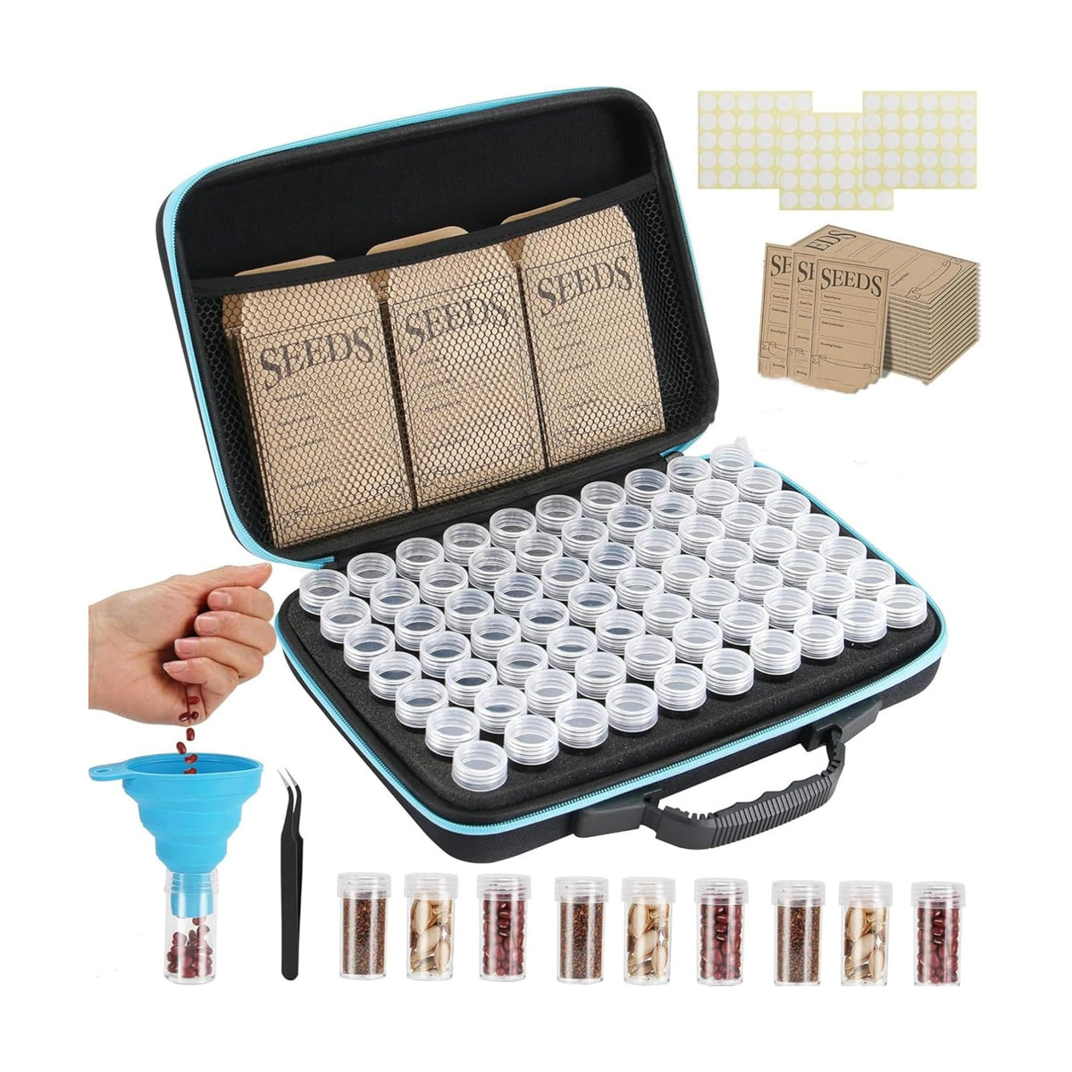 60 Slots Seed Storage Organizer with 10 Seed Envelopes,Sturdy Seeds Saving Storage Box with Zipper Bag Label Stickers(Seeds not Included), Seed Storage Container for Flower Plants Garden (60 Slots)