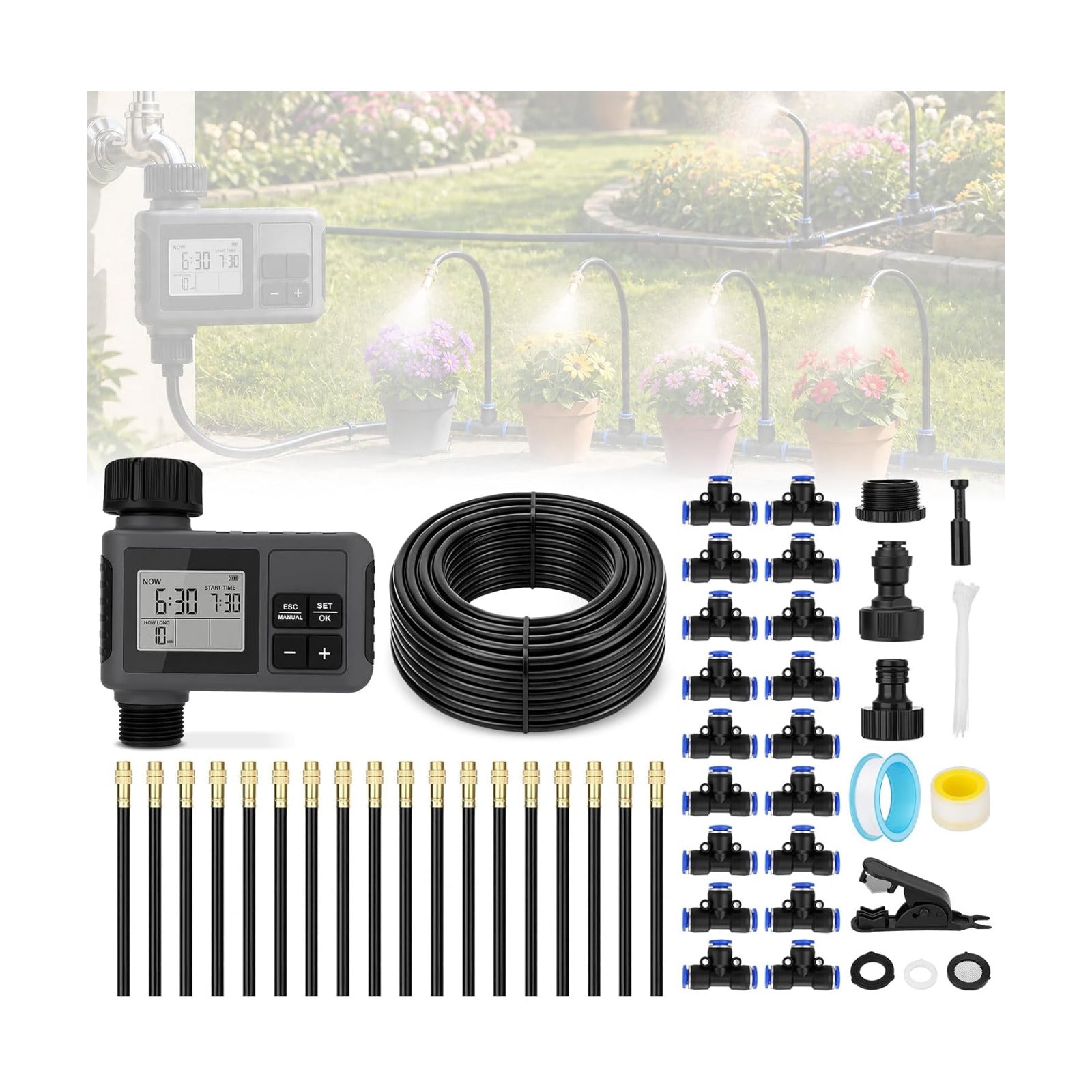 66FT Drip Irrigation System with Water Timer, Automatic Garden Watering Kit | with Flexible 360° Bendable Tubing and