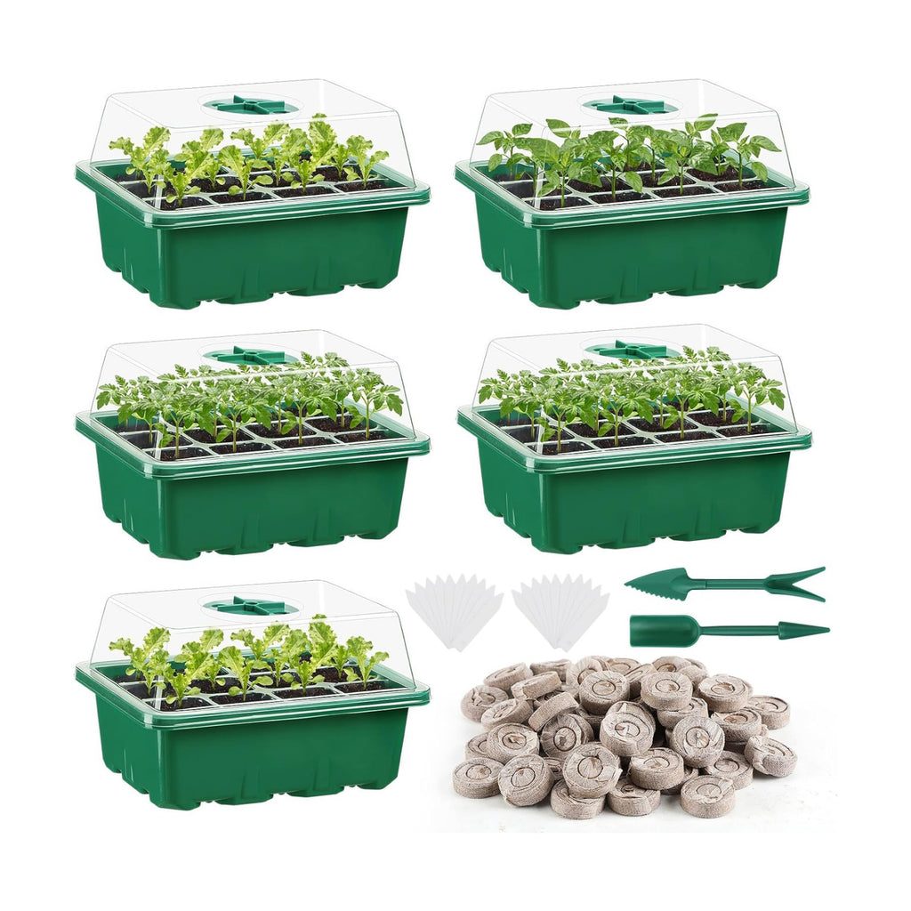 Apipi 5 Pack Seed Starter Kit with 60 Coco Coir Pellets | 60 Cell Seed Starter Trays with Domes, for Indoor Greenhouse
