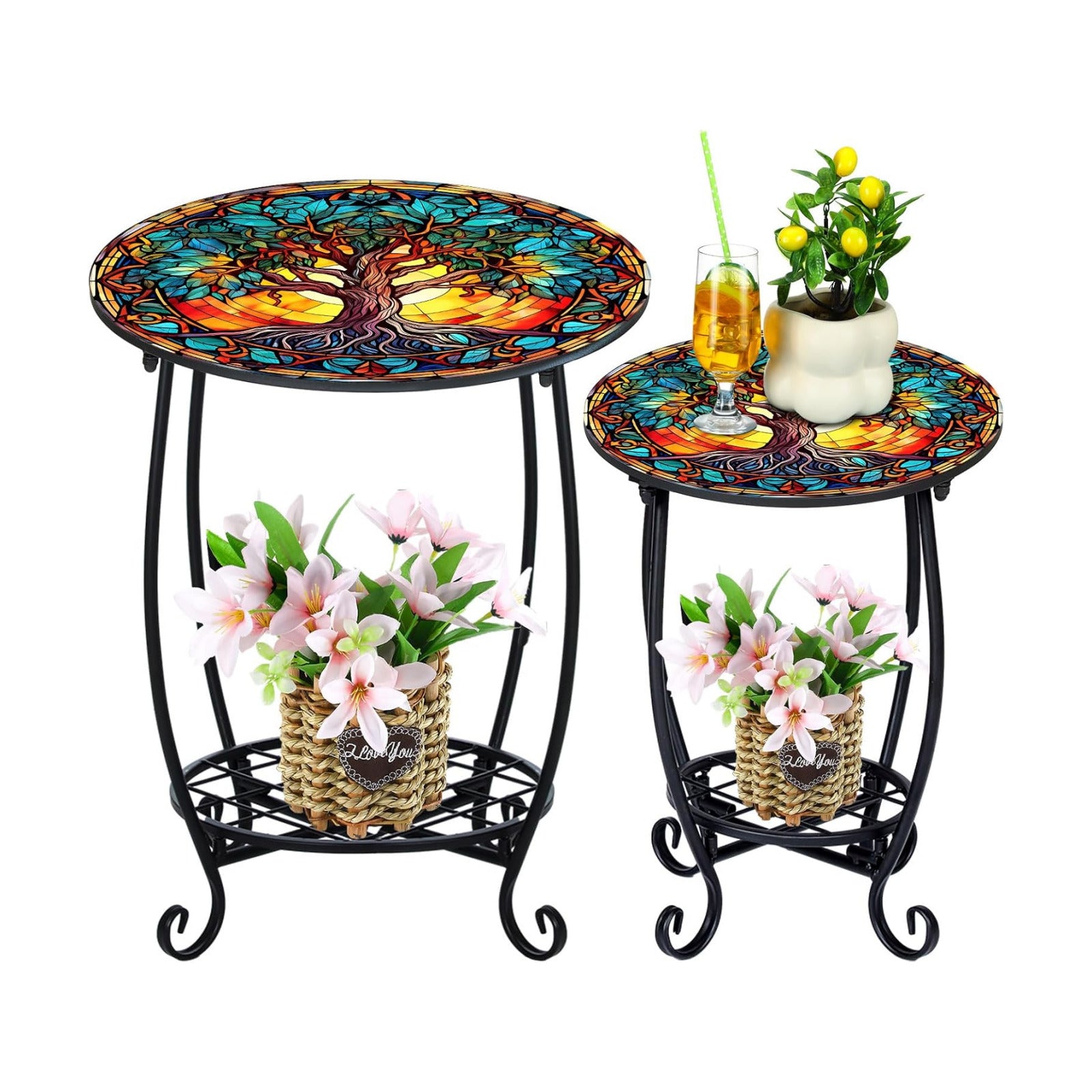 Cinnvoice 2 Outdoor Side Table Small Patio End Table, 12",16", Tree | Mosaic, Outdoor Side Table, Accent, Indoor