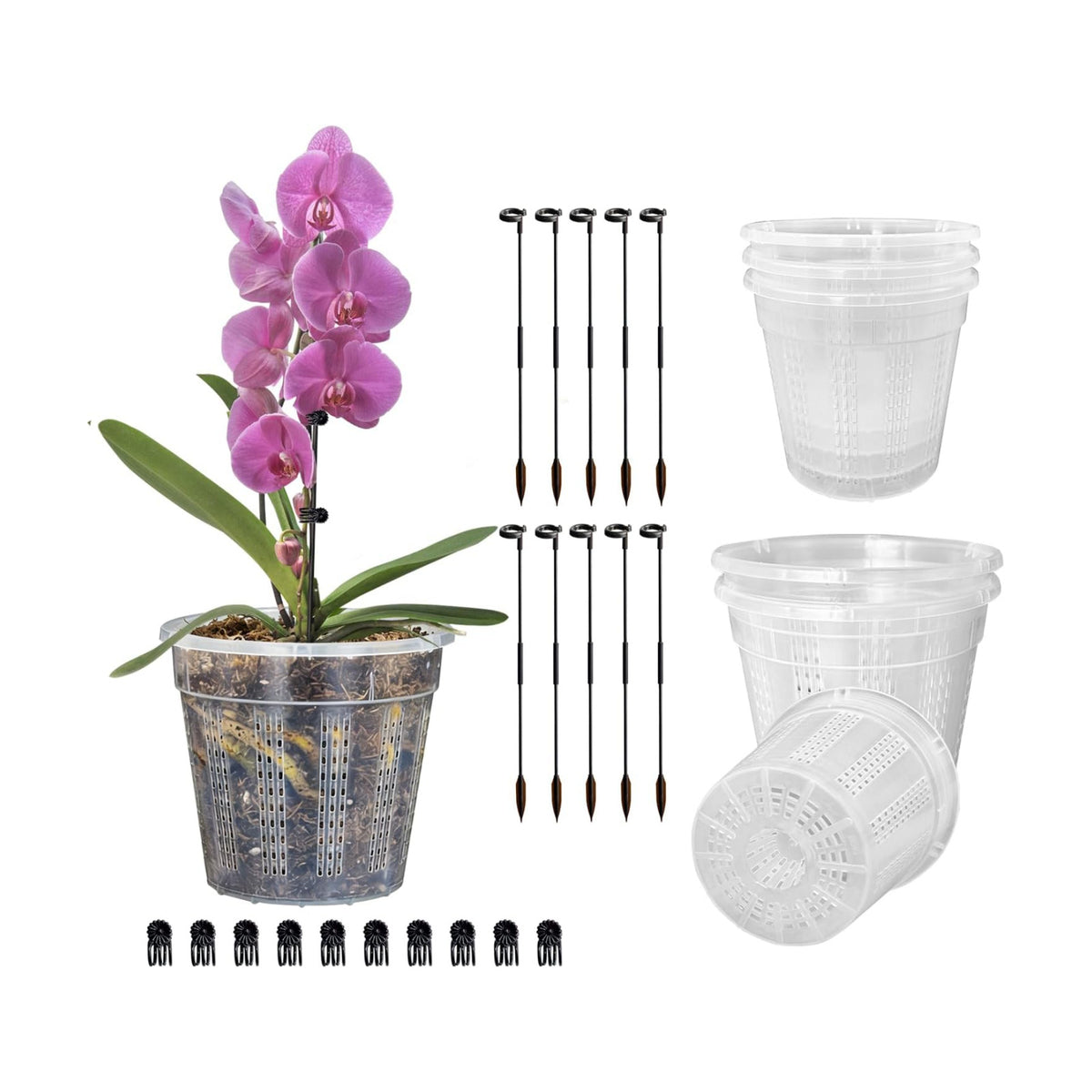 Orchid Pots, 6 Pack 4.3" Orchid Pots with Holes and 10Pcs Plant Stakes, Clear Plastic Plant Pot for Indoor Outdoor Plants(6 Pack 4.3")