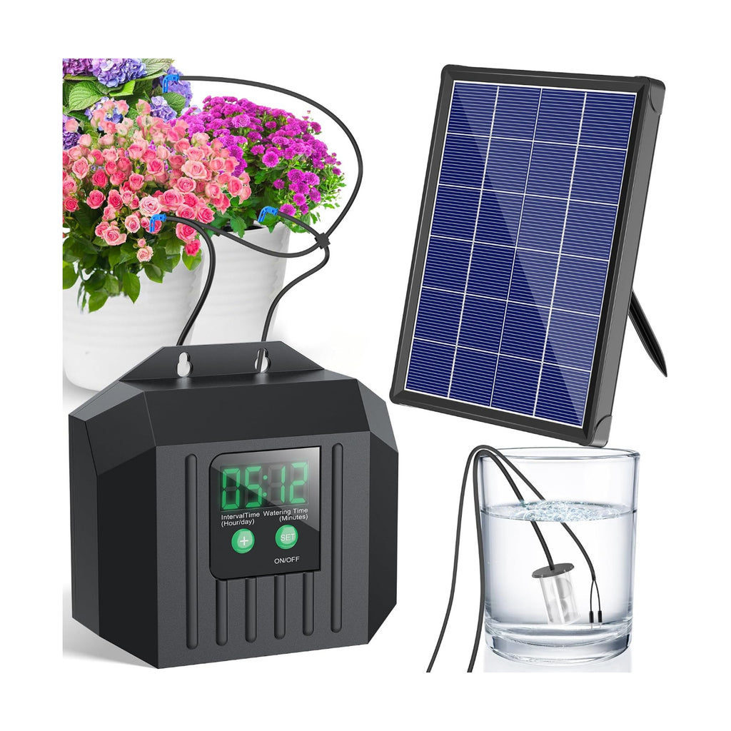 4W Solar Drip Irrigation Kit for Outdoor Indoor Plants, Customizable Watering Duration 1–30min & Interval 3h–7d, Solar