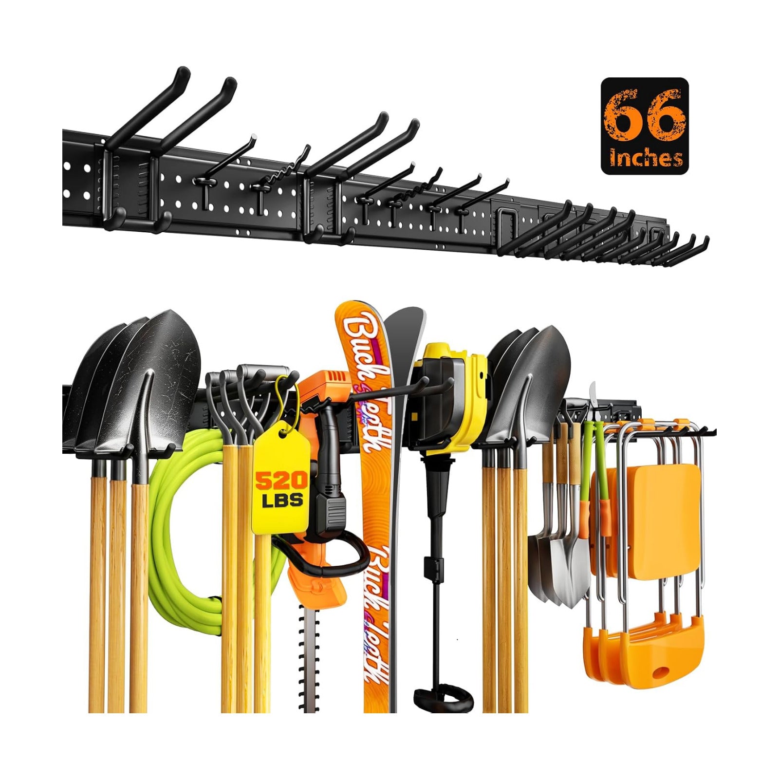 Garage Tool Organizer Wall Mount 66 inches with 13 Adjustable Heavy-Duty Hooks, Garage Organization, Garden Tool