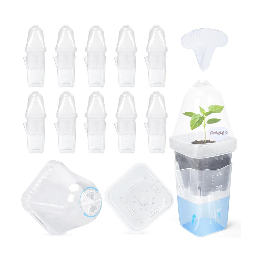12 Pack 2.5" Self Watering Propagation Pots with Humidity Dome, Clear Plastic Seed Starter Cups, for Seedlings