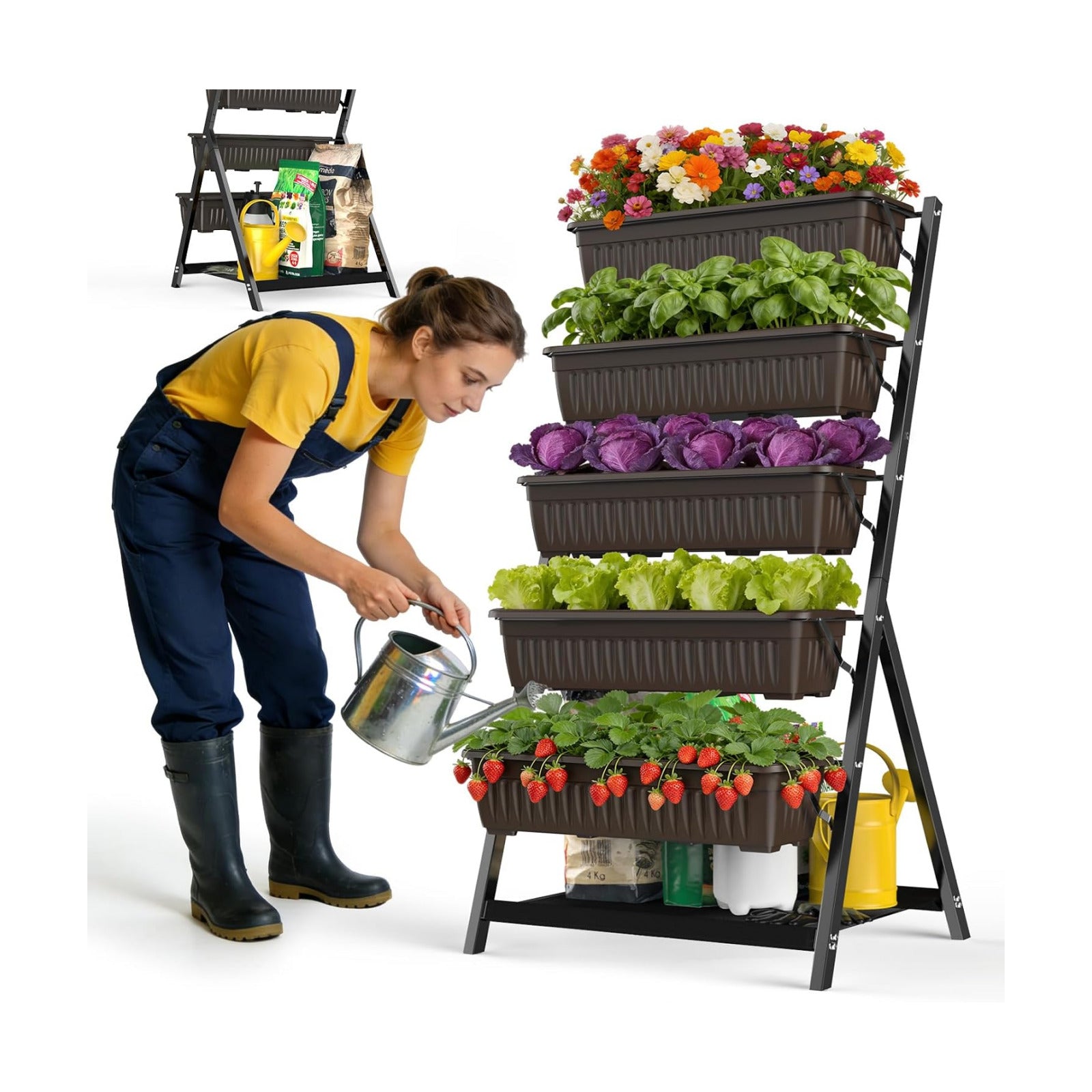 5-Tier Vertical Garden Bed Planter Boxes with Drainage System & Storage Space, Freestanding Vertical Garden Planter