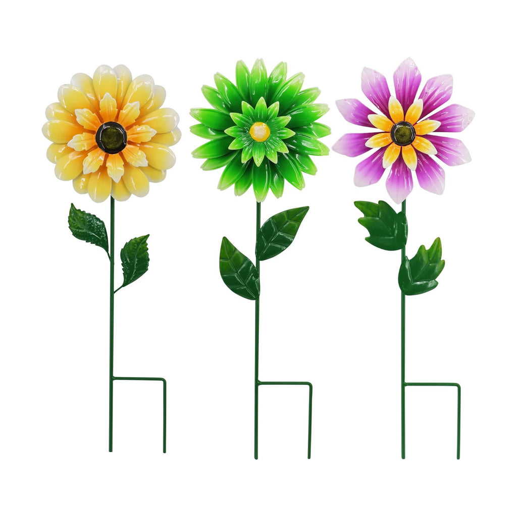 3 Pack Metal Flower Wind Spinner 18in Garden Stake Kinetic Yard Art | Retro Floral Design、Weather Resistant、Spring