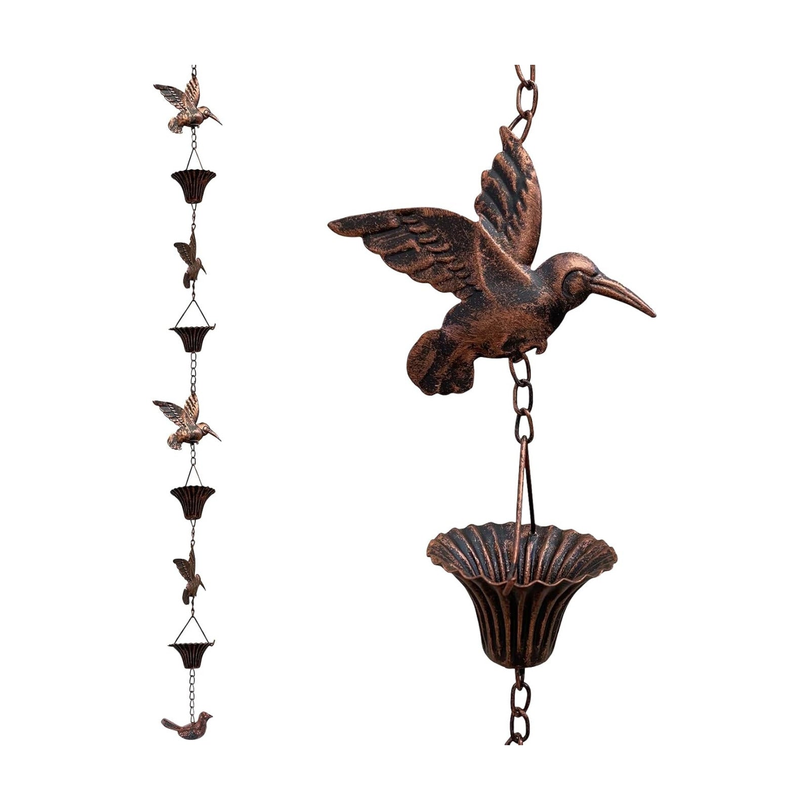Rain Chain for Gutters,8.5FT Rain Catcher Chain for Outside with 7 Metal Cups & Hummingbird Decor,Adjustable Hanging