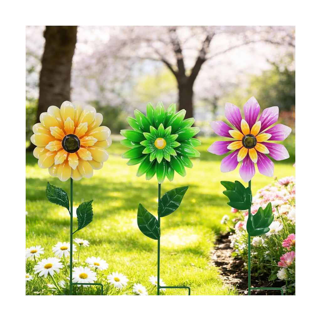 3 Pack Metal Flower Wind Spinners, Kinetic Garden Stakes with H-Base, Colorful 3D Floral Windmills for Yard, Patio