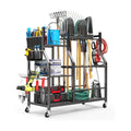 36" Large Garden Tool Organizer with Wheels & Side Tool Bag, 3 Tier Rolling Garage Storage Rack for Long Handled Rakes