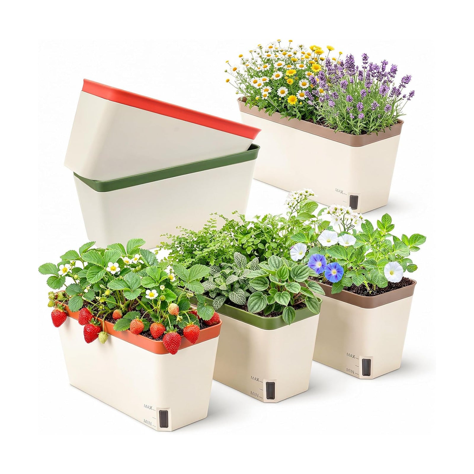 OurWarm Self Watering Pots for Indoor Plants, 6 Pack 10.5 Inch Plastic Window Herb Planter Box with Water Level