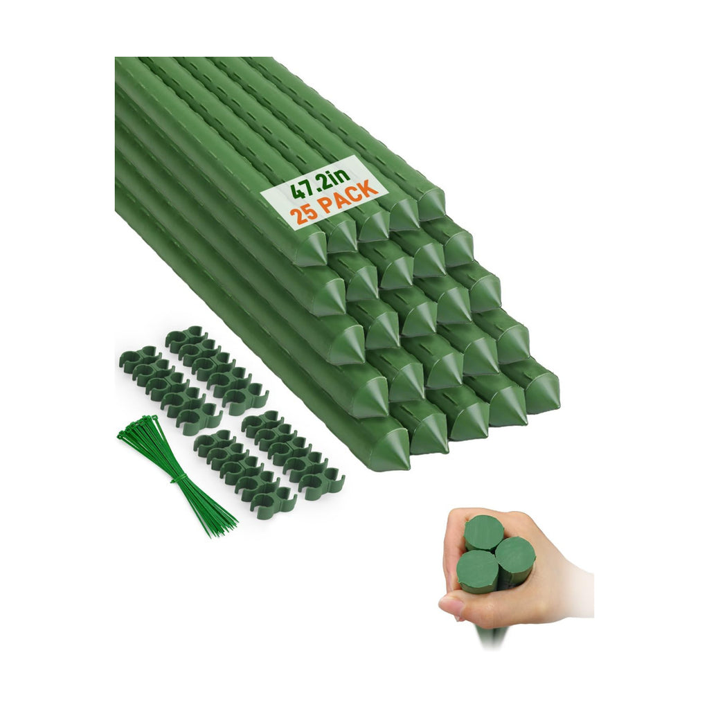 25 Pack 4FT Garden Stakes with Clips & Ties, 0.78" Steel Core Plastic Covered Plant Support Stakes for Tomatoes