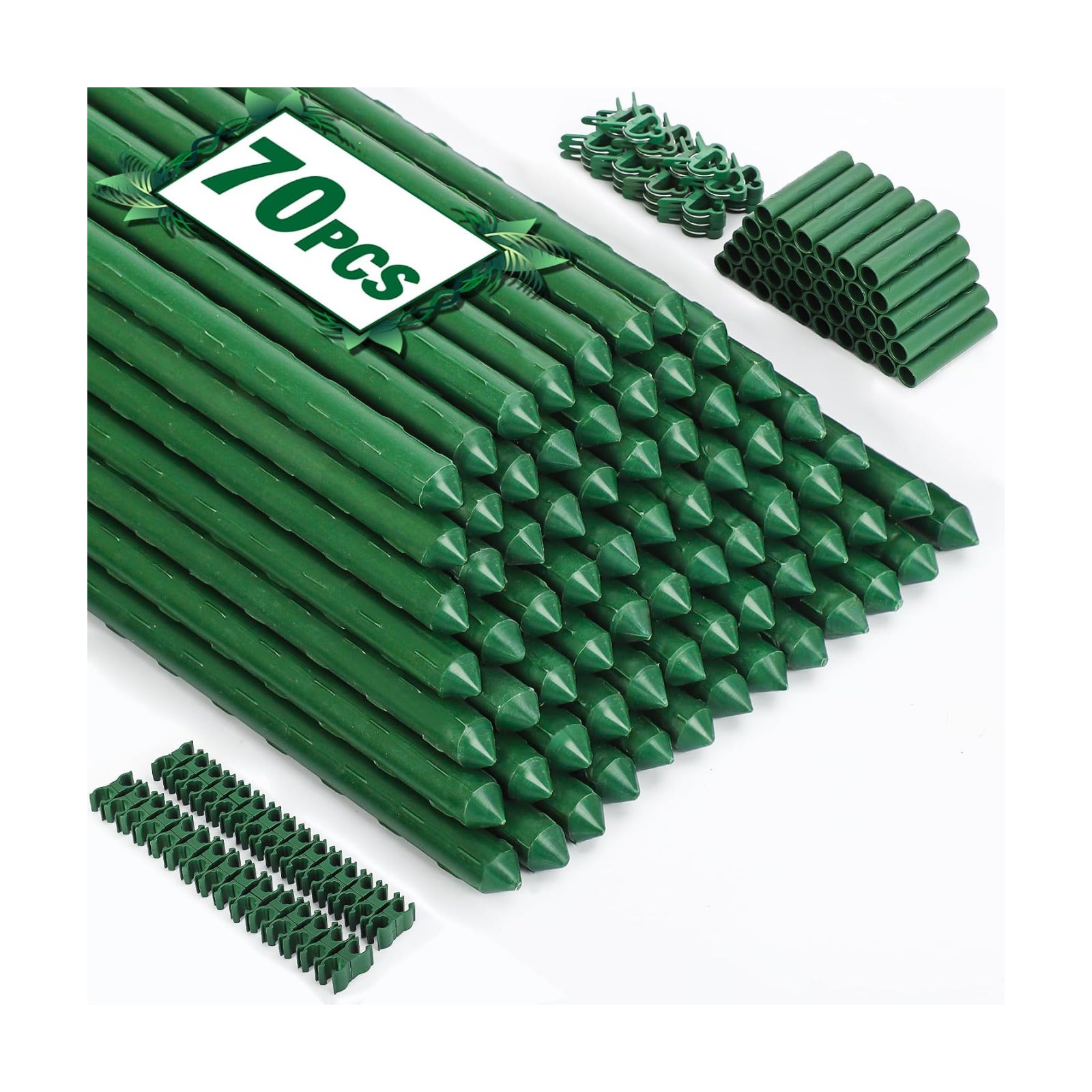 Garden Stakes 70 Pack, 16 Inch Plastic Coated Metal Tomato Stakes, DIY 4ft 5ft 6ft 7ft Plant Support Stakes with 40