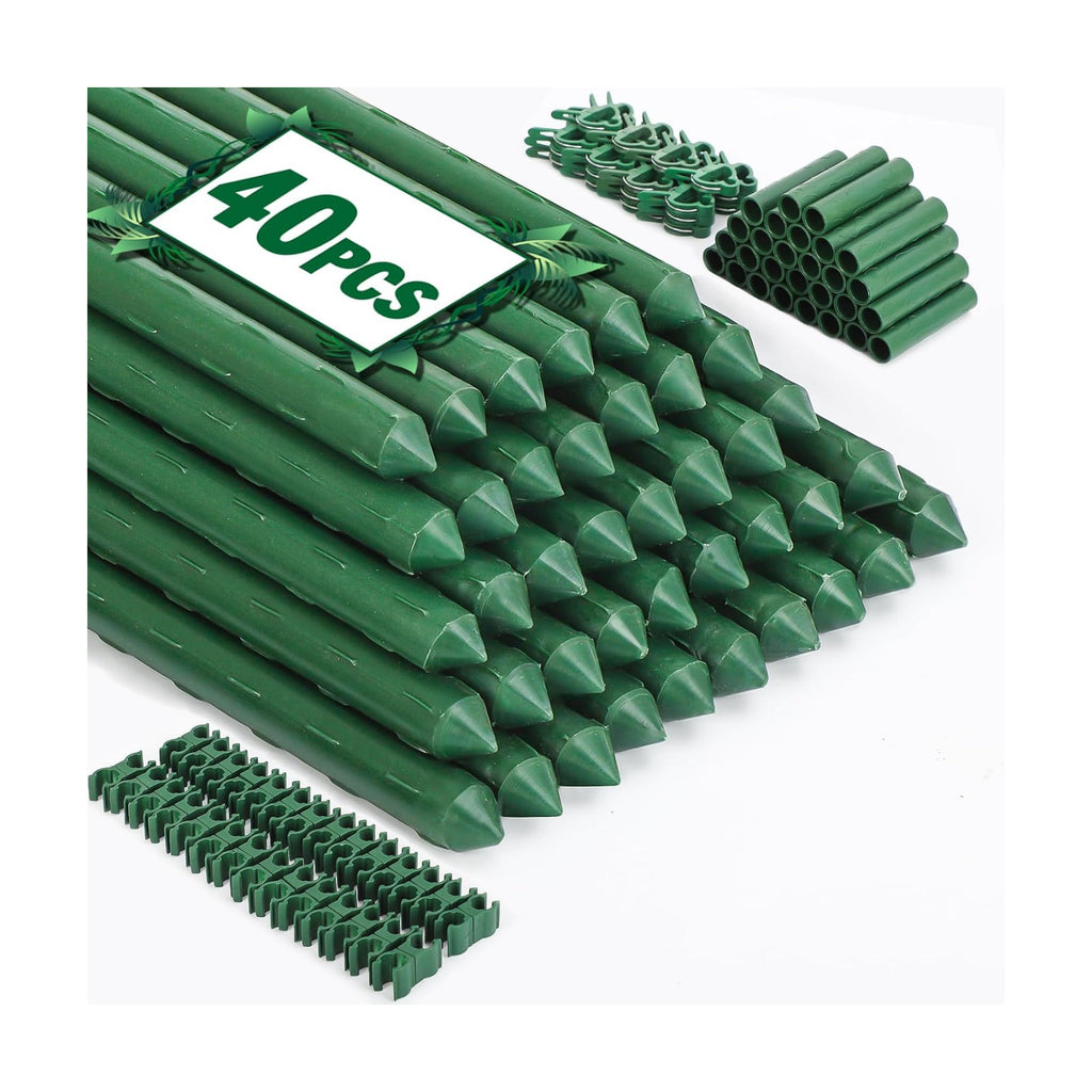 Garden Stakes 40 Pack, 16 Inch Plastic Coated Metal Tomato Stakes, DIY 4ft 5ft 6ft 7ft Plant Support Stakes with 28