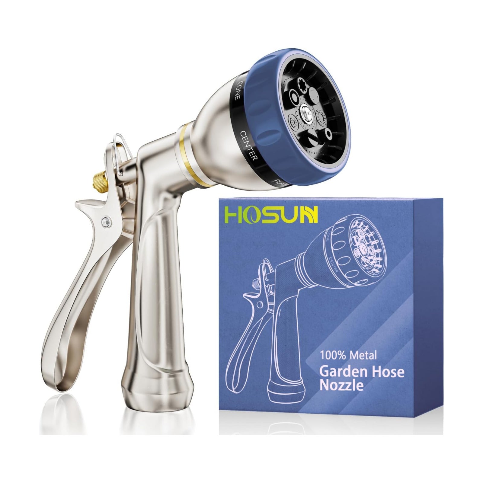 HOSUN Heavy Duty Garden Hose Nozzle, 100% Metal Adjustable Water Sprayer | 7 Spray Patterns, Rear Trigger with Lock