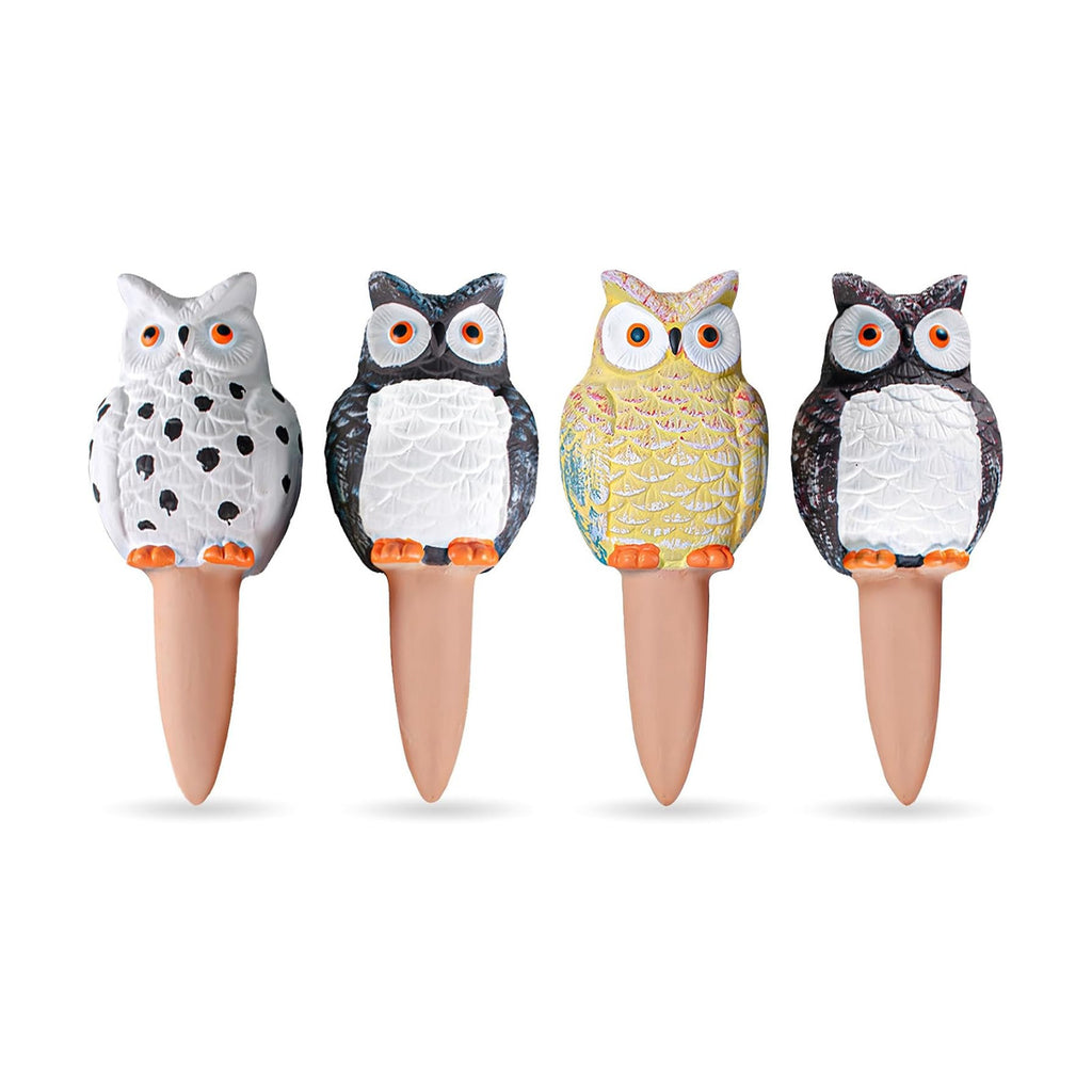 MCleanPin 4 Pack Self Watering Spikes and Globes, Handmade Terracotta Owl Self-Watering Plant Devices with Slow Release