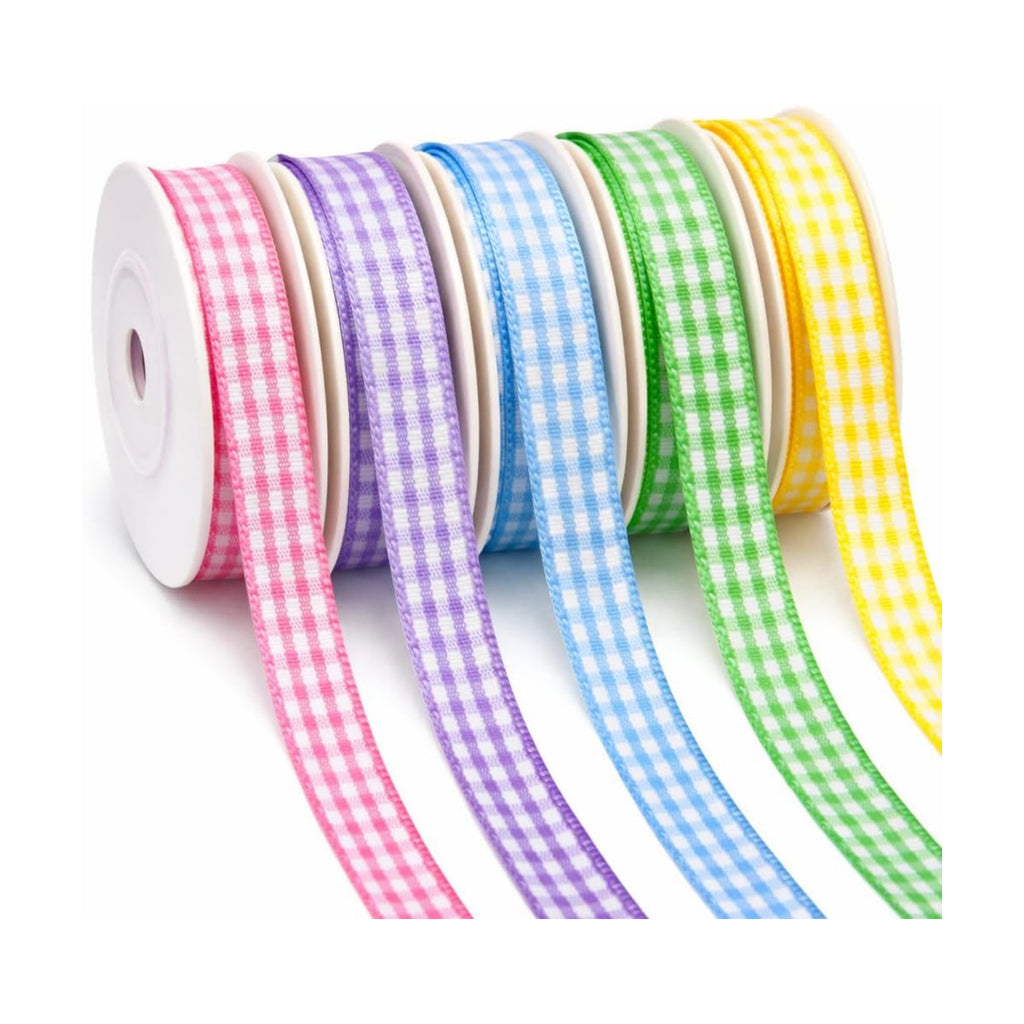 KINGLAKE 5 Rolls Pastel Gingham Ribbon - 3/8 x 50 Yds Plaid Ribbon for Easter Checkered Ribbons for Baby Shower, Gift Wrapping DIY Crafts Party Home Decor (Lt.Pink/Lt.Purple/Lt.Blue/Lt.Green/Yellow)