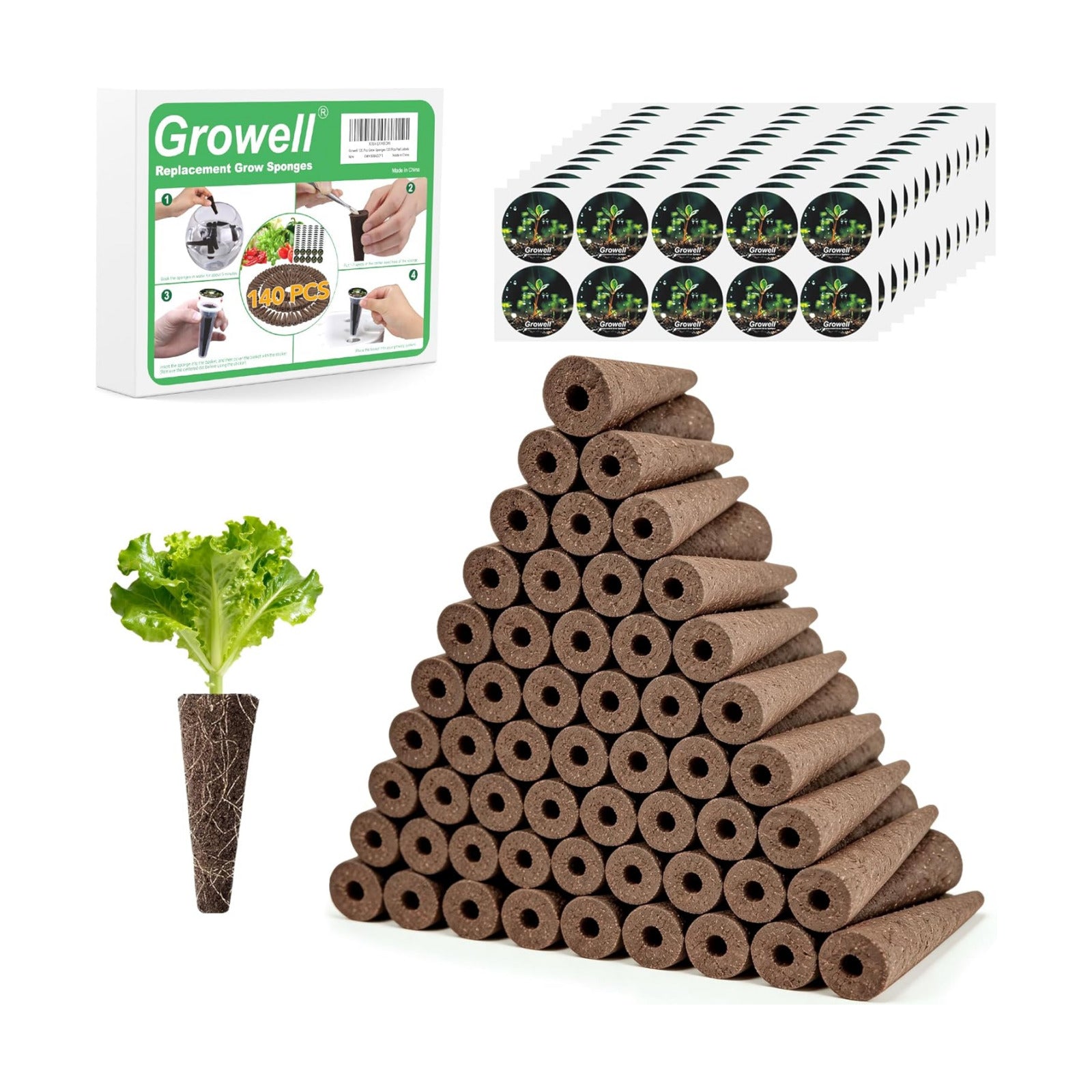 Growell 280Pcs Hydroponic Pods Kit, Seed Starter Refill for Indoor Garden | 140 Grow Sponges & 140 Pod Labels