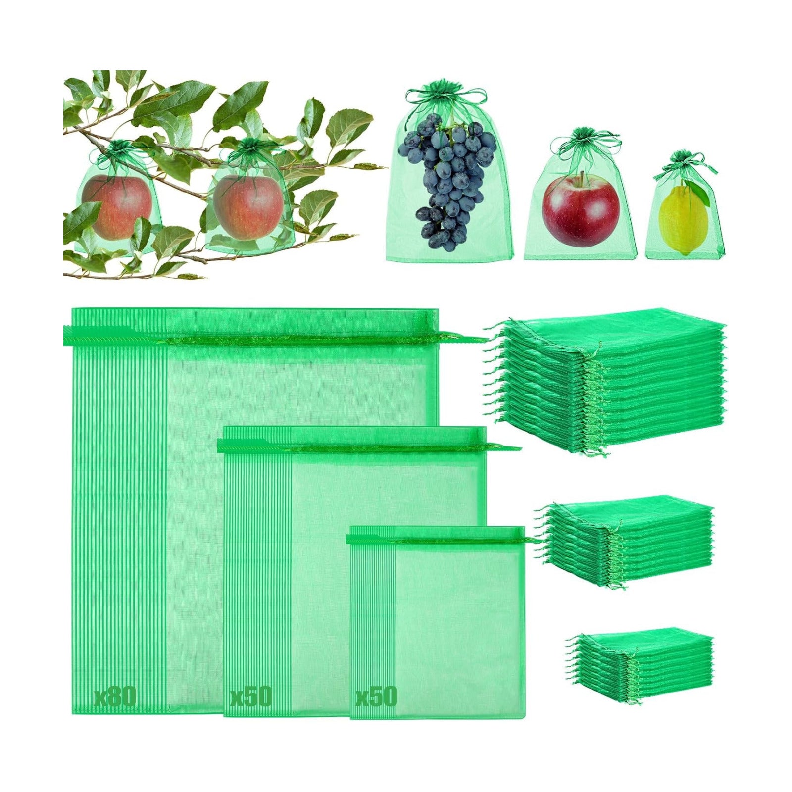 180 Pcs Fruit Protection Bags for Fruit Trees, Green Fruit Netting Cover Bags 3 Size Garden Netting Bags with