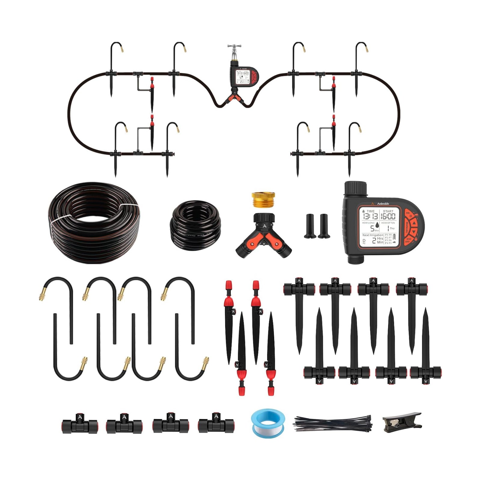 Anleolife 82.4FT Automatic Drip Irrigation System Kit with Water Timer | 8 Programs & LCD Timer, Quick-Connect System