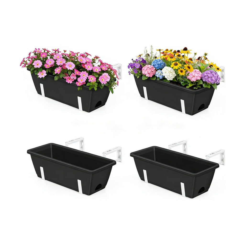 Railing Planter Box 4 Pack Hanging Balcony Planters with Adjustable Bracket | 17 Inch Railing Window Boxes Planter